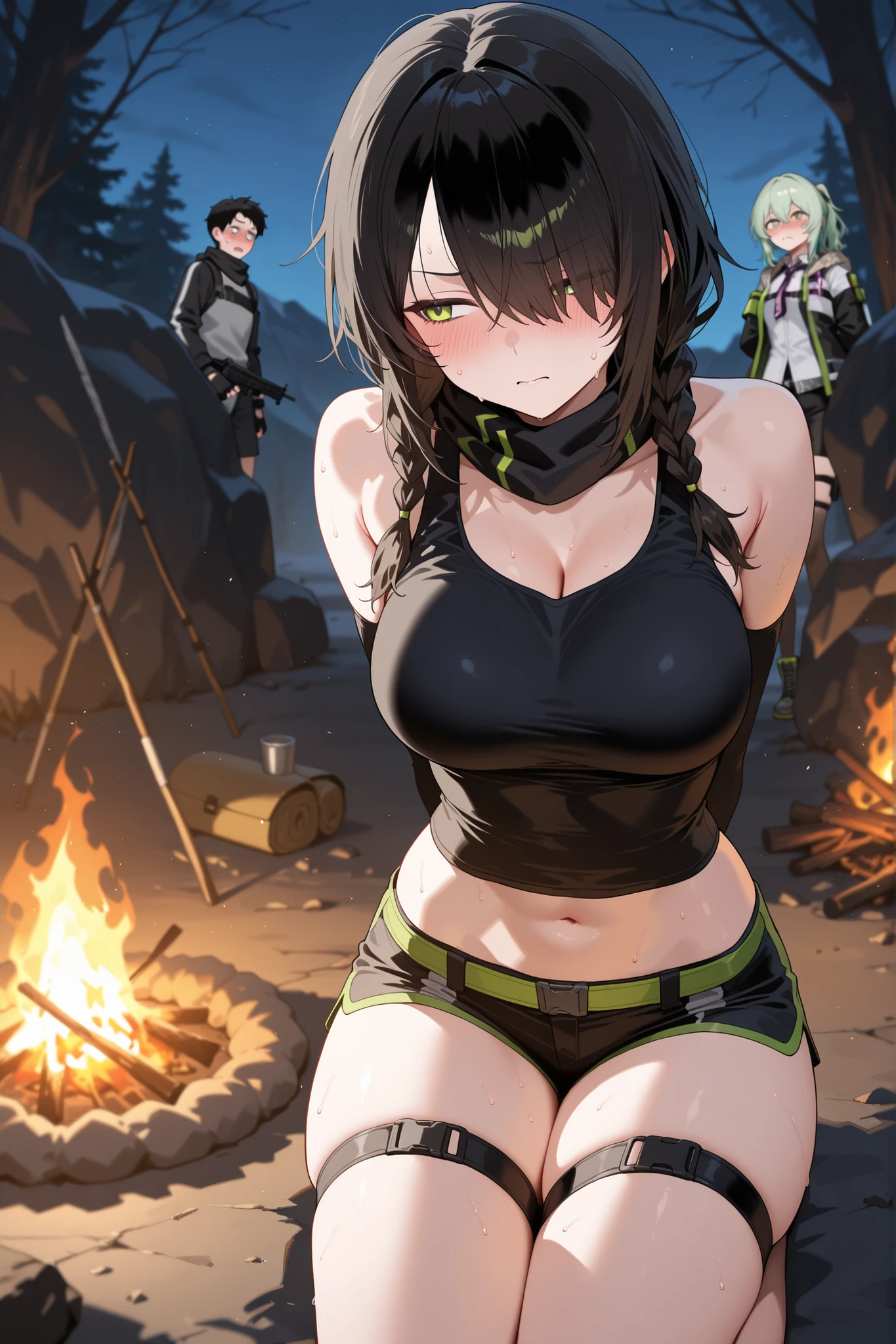 extremely detailed, girl and man, 
(Ellen 18-years-old, short dark layered hair, Brown-eyed, small breast:1.0), hair clips 
Fantasy green rogue outfit, half undressed, spread legs, sitting, embarrassed, groin , panties 