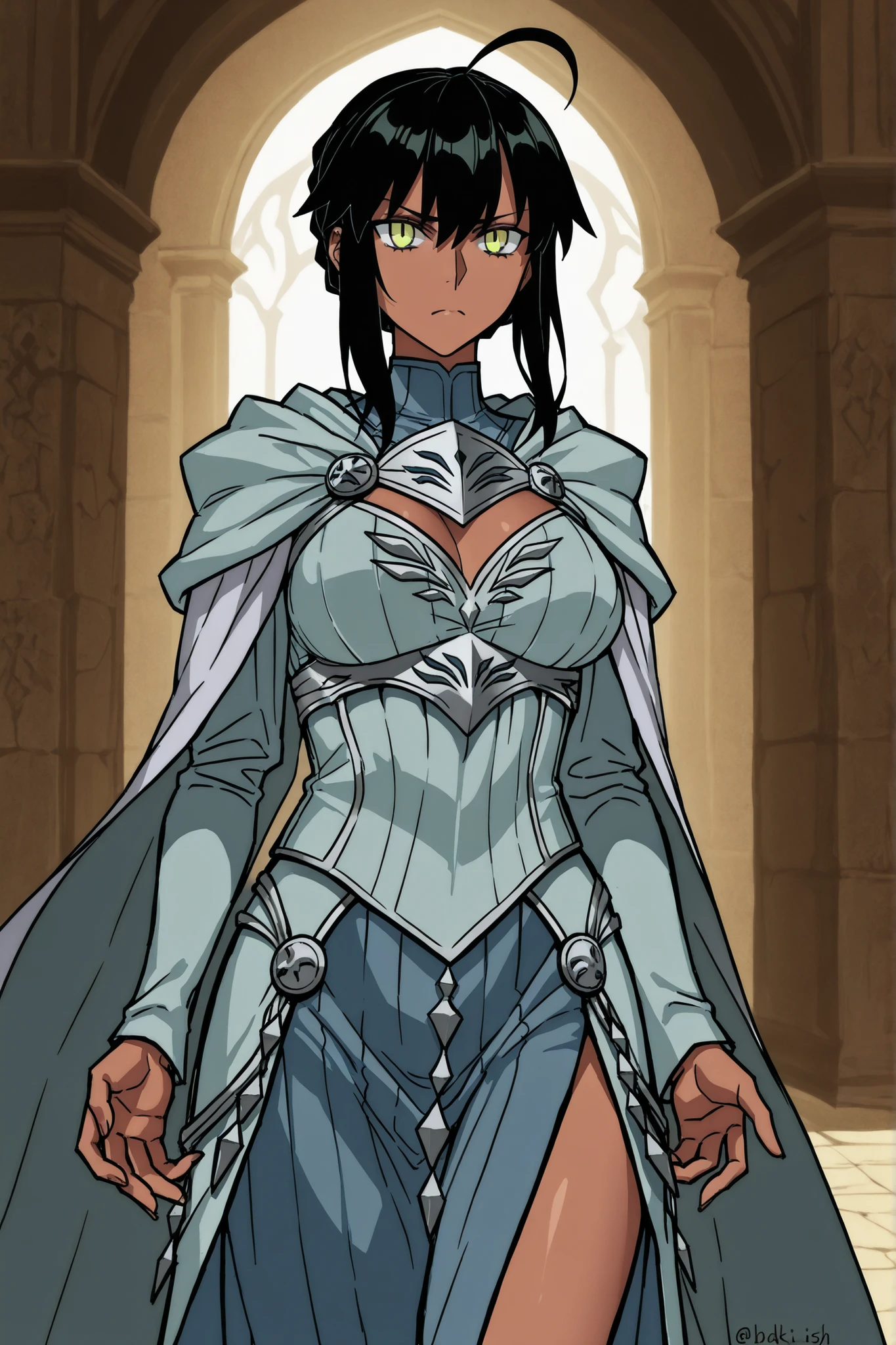 blackcloverxl, ((fantasy clothing)), dark skin, ((mature woman)), ((black hair)), ((fantasy paladin)), ((ahoge)), ((yellow-ish green eyes)), ((serious expression)), ((resembles Artoria Pendragon [Rider] from Fate)),  ((daytime background)), 1girl, beautifully drawn, high resolution illustration, best quality, High definition, ((detailed anime sketch)), Masterpiece, (solo), absurdres, ((cowboy shot)), detailed background, fine detail, female focus, HDR,
