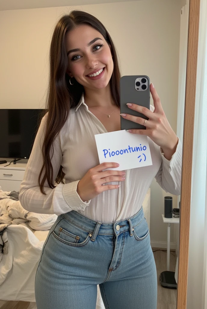 Chica argentina, good physique, y adorable, taking photos in the mirror from the front with a smiling face and a white t-shirt and black pants 
