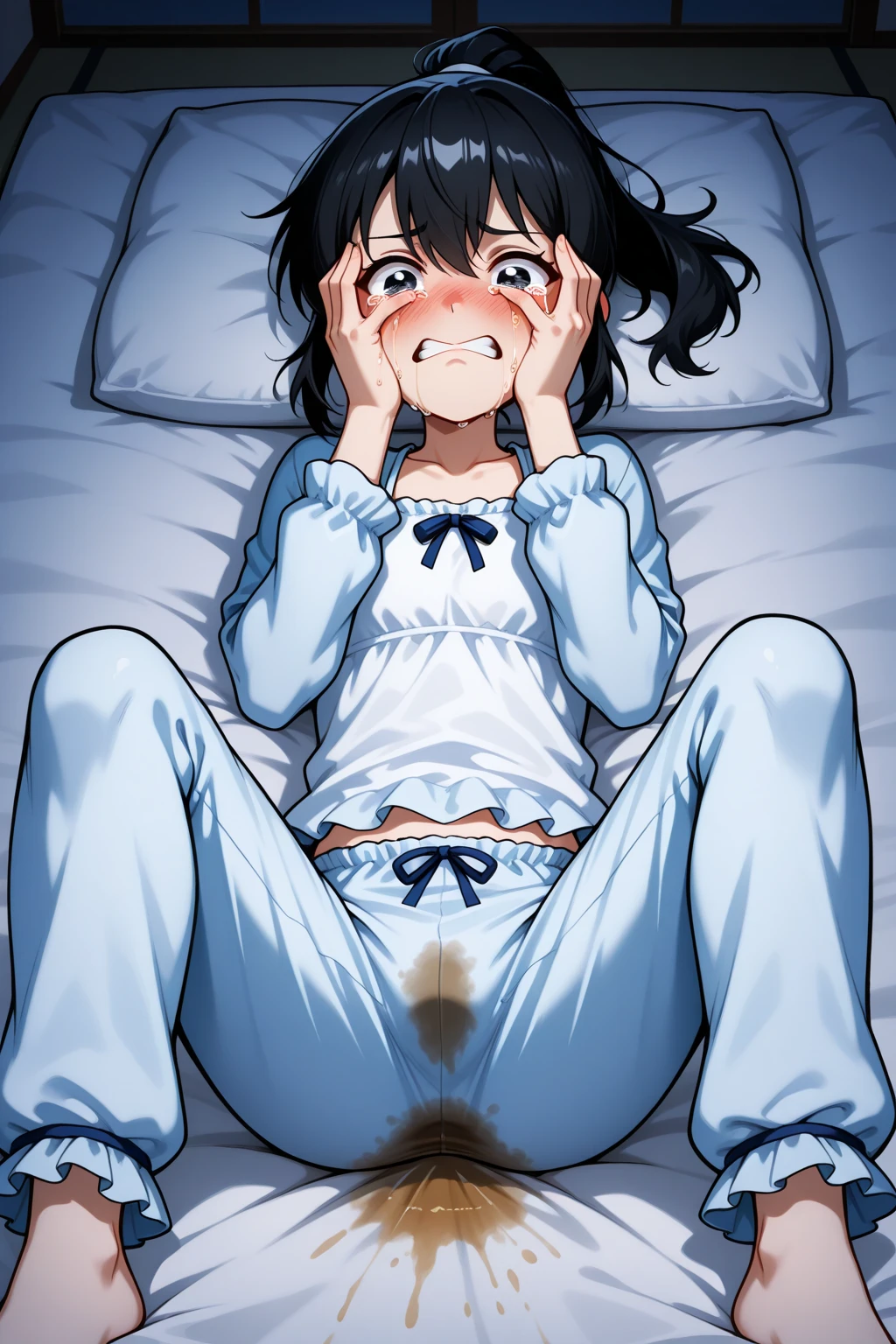 1girl, 独奏, medium breasts, dark skinned girl:1.2, ,(dark skin:1.8), black hair, short hair, pixie cut, wavy hair, (((open eyes))), wake up yawn, open mouth, covering mouth, pijamas, (white pajamas), window, morning, looking at viewer, sitting, seiza, waking up, on bed, full body, ((ultra detailed, masterpiece, best quality, 8K)),(Urine-stained futon,Pee-stained futon,Steam from crotch,Hospital room,Urine vapor),((huge breasts)),(Open one eye,Open only one eye,Surprised face),cheek,(6yo),((((NSFW,littlegirl,Open pajamas)))),puffy nipples