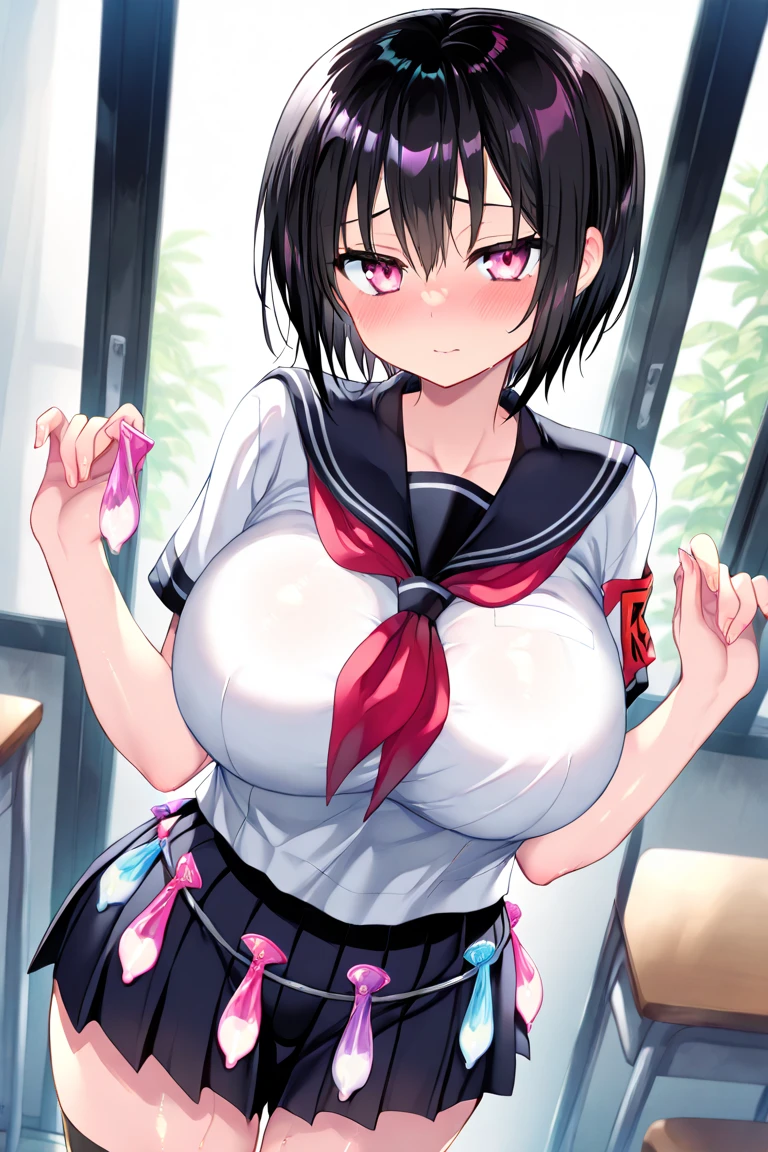 High resolution, Very detailed, perfect lighting, beautiful detailed eyes, ((masterpiece,Best Quality)), absurdities, alone, princess zelda, by the width, crown braid, Hair clip, pointy ears, Gloves without fingers, black gloves, smile, curves, nod, , deep neckline, deep neckline, black school uniform with white details,short skirt, visible underwear, pink thong, black uniform, black shirt with pink bow, touching her breasts in a sexy way, close up, Black hair, visible breasts, Close up, visible nipples, sitting, fringe hairstyle, fringe hairstyle, view from behind, big butt