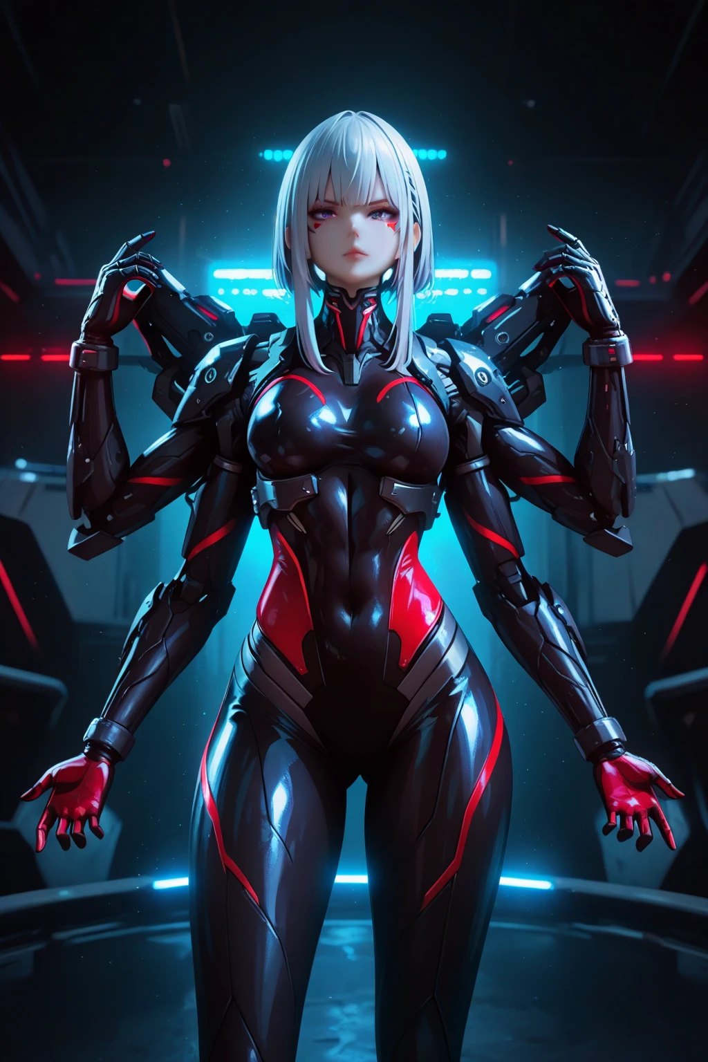 masterpiece,best quality,absurdres,ZentreyaCyborgBase,yellow eyes,short hair,mechanical horns,red bodysuit,black jacket,upper body,smile,<lora:CHAR-ZentreyaCyborg:1>,full body,perfect lighting,city,cyberpunk city,neon lights,