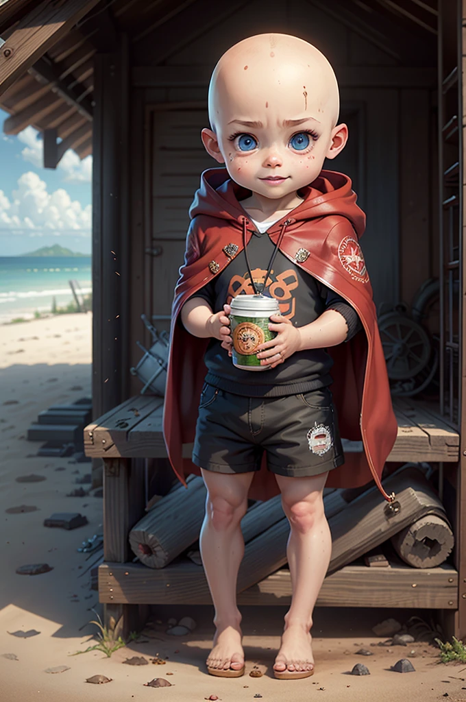 baby boy , bald, with big blue eyes, a wide smile with all teeth, eyes narrowed because of the smile, in a red cloak with a hood, from under which you can see loose gray clothes, beach slippers on his feet, big head, head larger than body, Hyperrealistic art "high-quality portrait, cute Nendoroid and cartoon style, anime flat style, thick drawing, photorealistic:1.5, ultra highres, 8k, texture skin, realistic skin, detailed skin, highest detailed, extreme detailed, 8k wallpaper, colorful,
(dark magic), (intricate details), (hyperdetailed), 8k hdr, high detailed, lot of details, high quality, soft cinematic light, atmospheric perspective
(focus on), color Ink wash painting, . Extremely high-resolution details, photographic, realism pushed to extreme, fine texture, incredibly lifelike