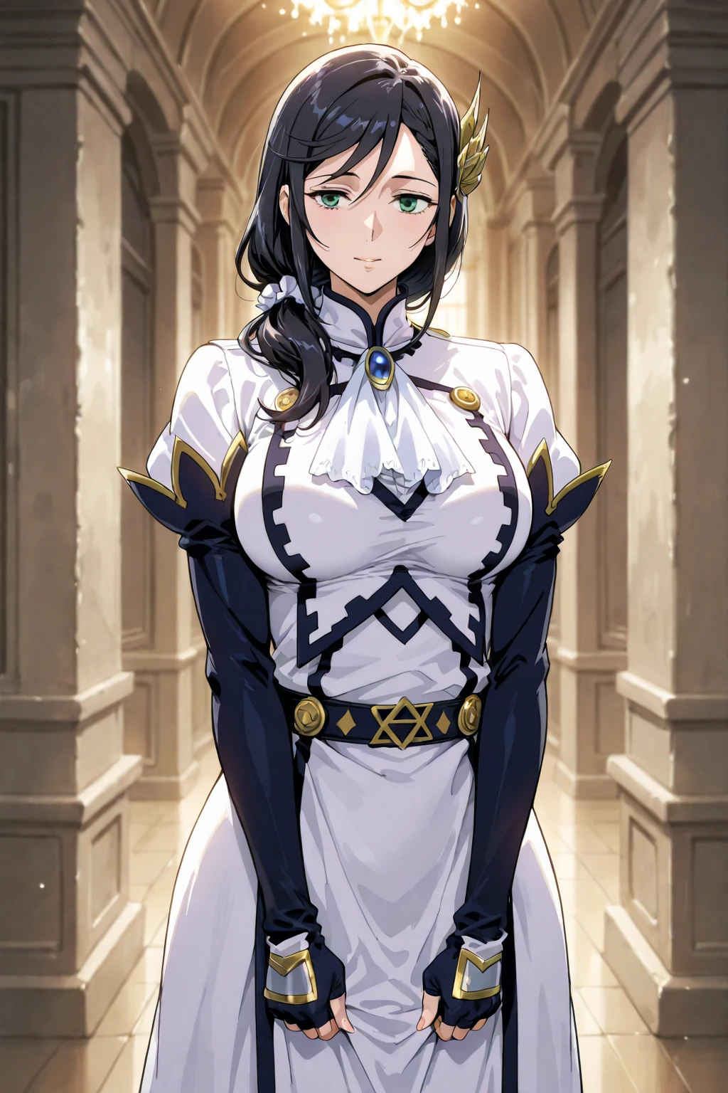 masterpiece, Highest quality, One adult woman,Very detailed,Rin々Nice face,Open Mouth Smile,White, pink, and purple adventurer uniform,Medieval Europe,Show your armpits,Black eyes,The dignity of a hero,tattoo,Cape,Legs visible through the skirt,Natural Beauty,Cinematic,Medium cleavage,Wearing a lot of jewels,