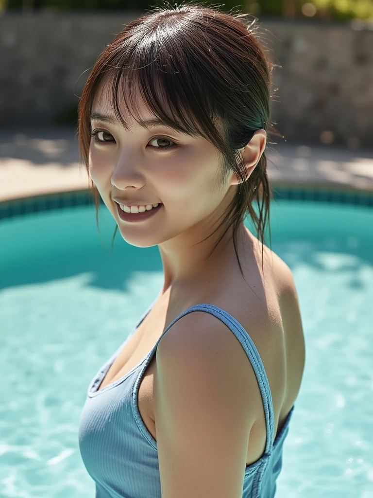 Top quality, 1 beautiful japanese woman, wearing  bikini, 35mm lens, f/1,  at Poolside, camel claw, smile