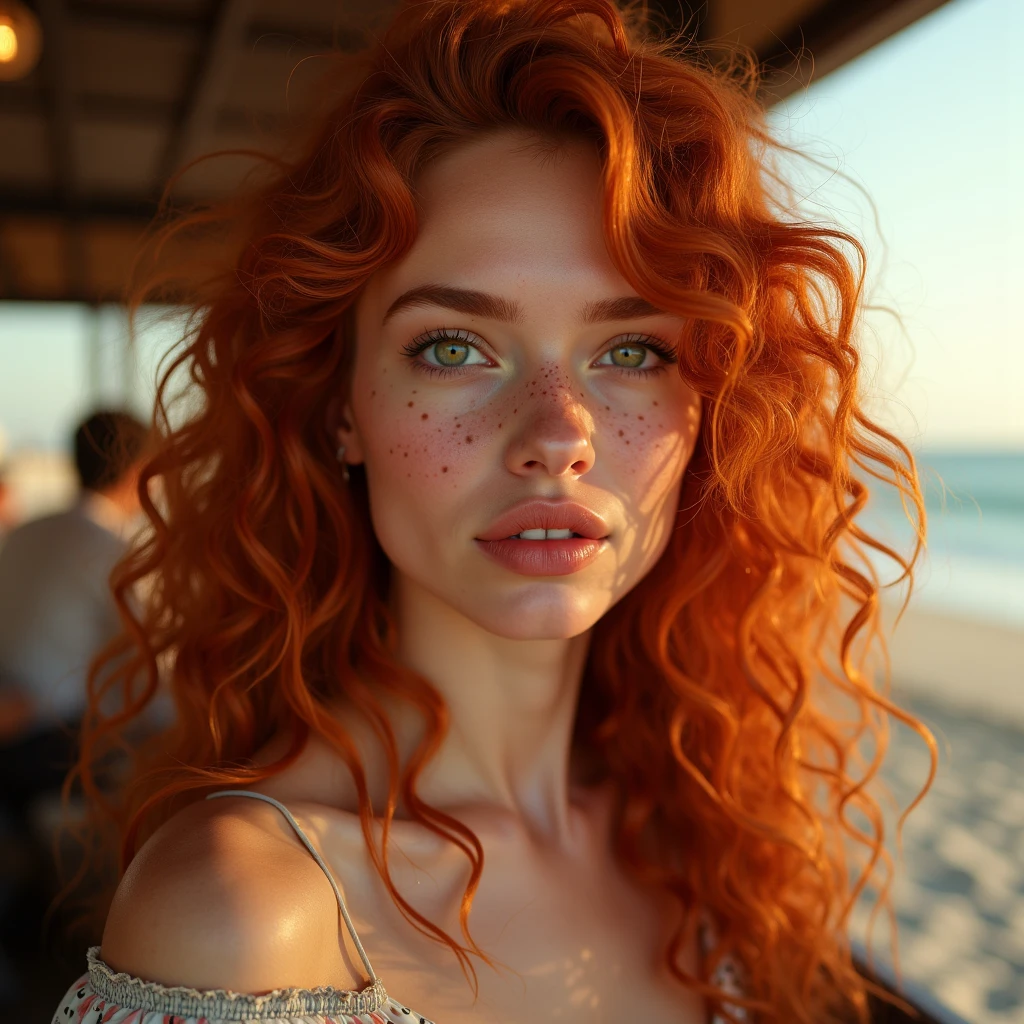 (Foto realisitic de uma linda mulher, 48 years old, grey-eyed, full lips, Red hair, long curly hair, curls, skin tanned, whole body picture, jewelry, realisitic, soft lighting, professional photograpy, photorealisitic, detailded, CRU, sharp focus, ultra-high resolution, best qualityer, work of art, (best qualityer, high resolution, ultra-detailded:1. 2), HDR, light colors, whole body, stylish skirt, top elegante e sexly, curved, sexly, sultry gaze, whole body pic, aretes, barcelona, rooftop bar, sexly,