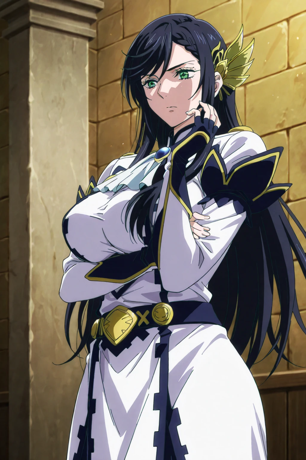 <lora:Hrist:0.8>,hrist, 1girl, solo, long hair, breasts, large breasts, hat, cleavage, green eyes, upper body, purple hair, braid, choker, hair over one eye, single braid, hair over shoulder