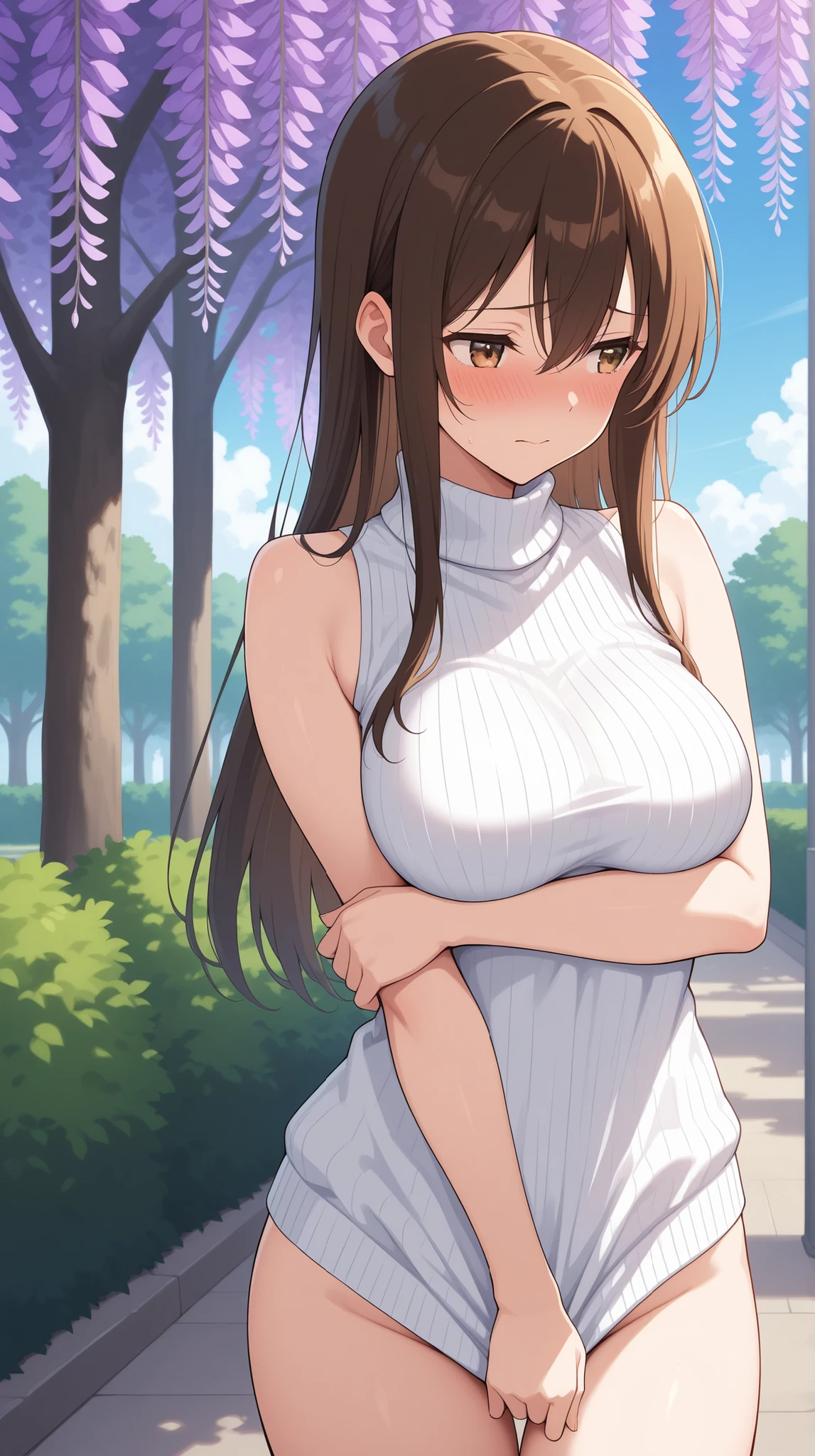 (perfect anatomy),(8k,masterpiece:2.0,megami magazine:1.4,best quality, ultra high resolution, ultra-detailed,beautiful illstration),(natural side lighting, movie lighting),nature,(two arms,two hands,two regs,five fingers),1 woman,20 years old,(long hair:1.8,dark brown hair,gleaming skin,red eyes,drooping eyes,big eyes,drunken eyes,beautiful detailed eyes),muscular,two huge breasts,sagging breasts,abs,