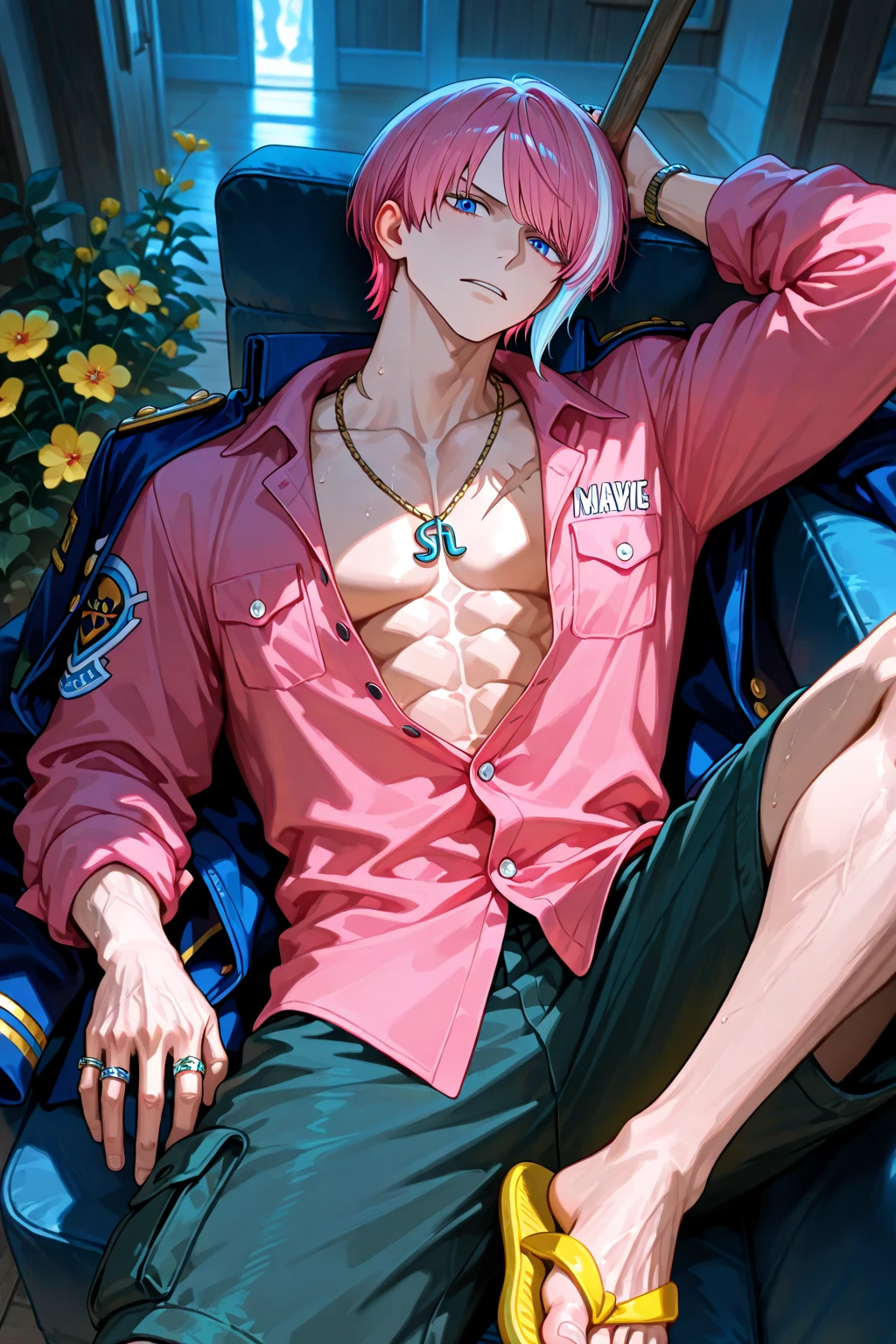 solo, blue eyes, shirt, 1boy, white background, pink hair, male focus, red hair, open clothes, pants, open shirt, floral print, denim, jeans