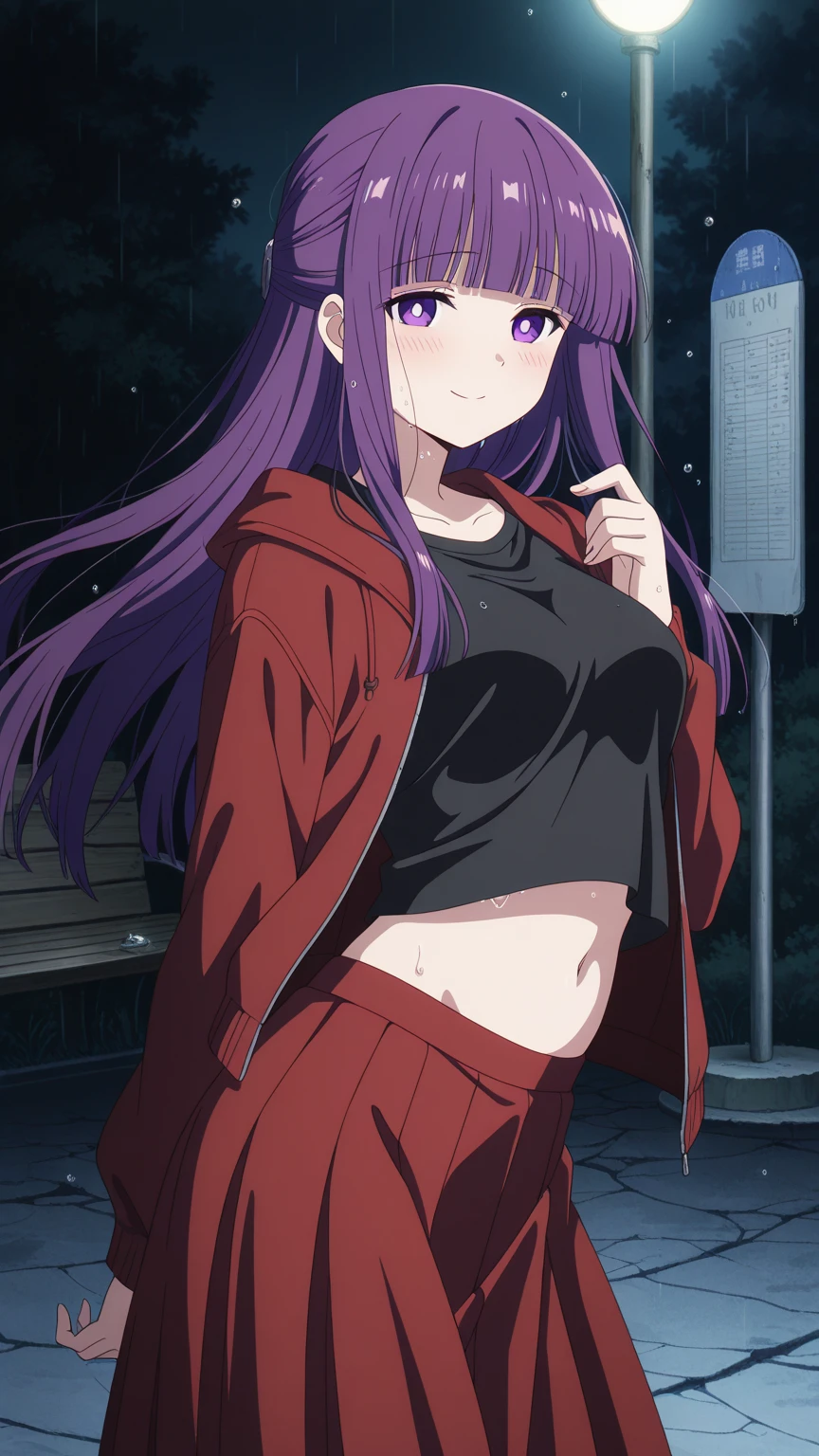 masterpiece, best quality, ultra-detailed, 1girl, hoodie, no bra, Yuka, purple hair, red eyes, red ribbons