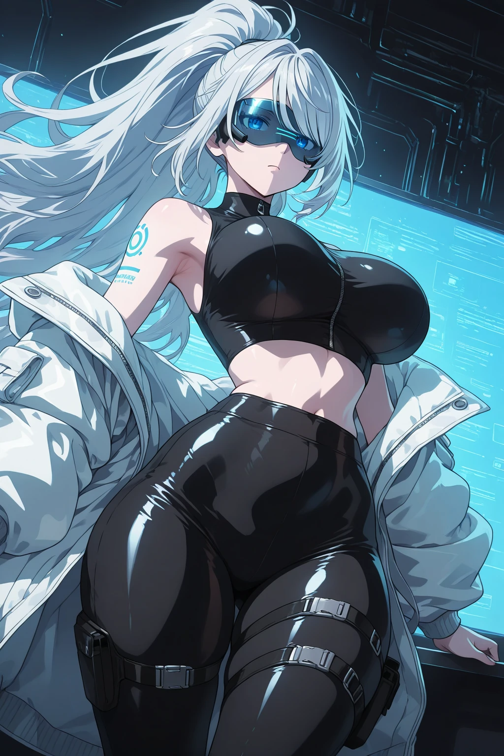 Adult woman, long white hair, cat ears, blue eyes, muscles, turquoise top, leather pants, leather armor, open belly, smirk, sword, masterpiece, high quality