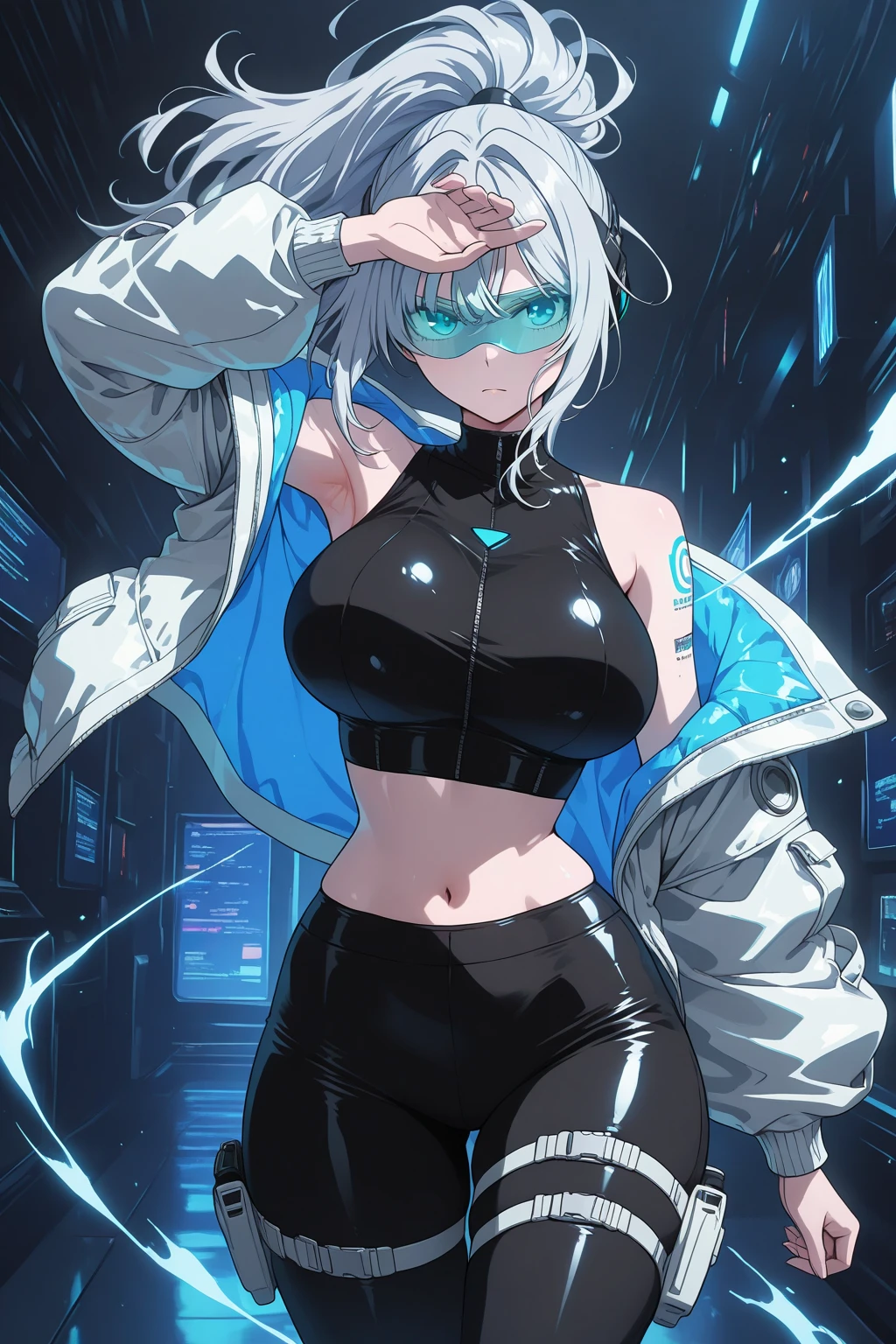 最high quality、Best image quality、masterpiece、With a girl((cute、20-year-old、Best Bust、Medium Bust、Bust 85,Beautiful Blue Eyes、Spread your chest wide,Short silver hair、Slender、The best valley、、Blue Bikini、,Show the whole body、Black perforated gloves,Blue Mesh,lure、Leaning forward greatly、Blue Sports Sunglasses、Blue Intercom,Sweating profusely、Ride a machine bike)）high quality、Beautiful art、background((Black Studio、Red lighting、blue laser light、Gym)),Tabletop、Exquisite design、Visual Arts、Depth of written boundary、Best lighting、Highest detail、8ｋ