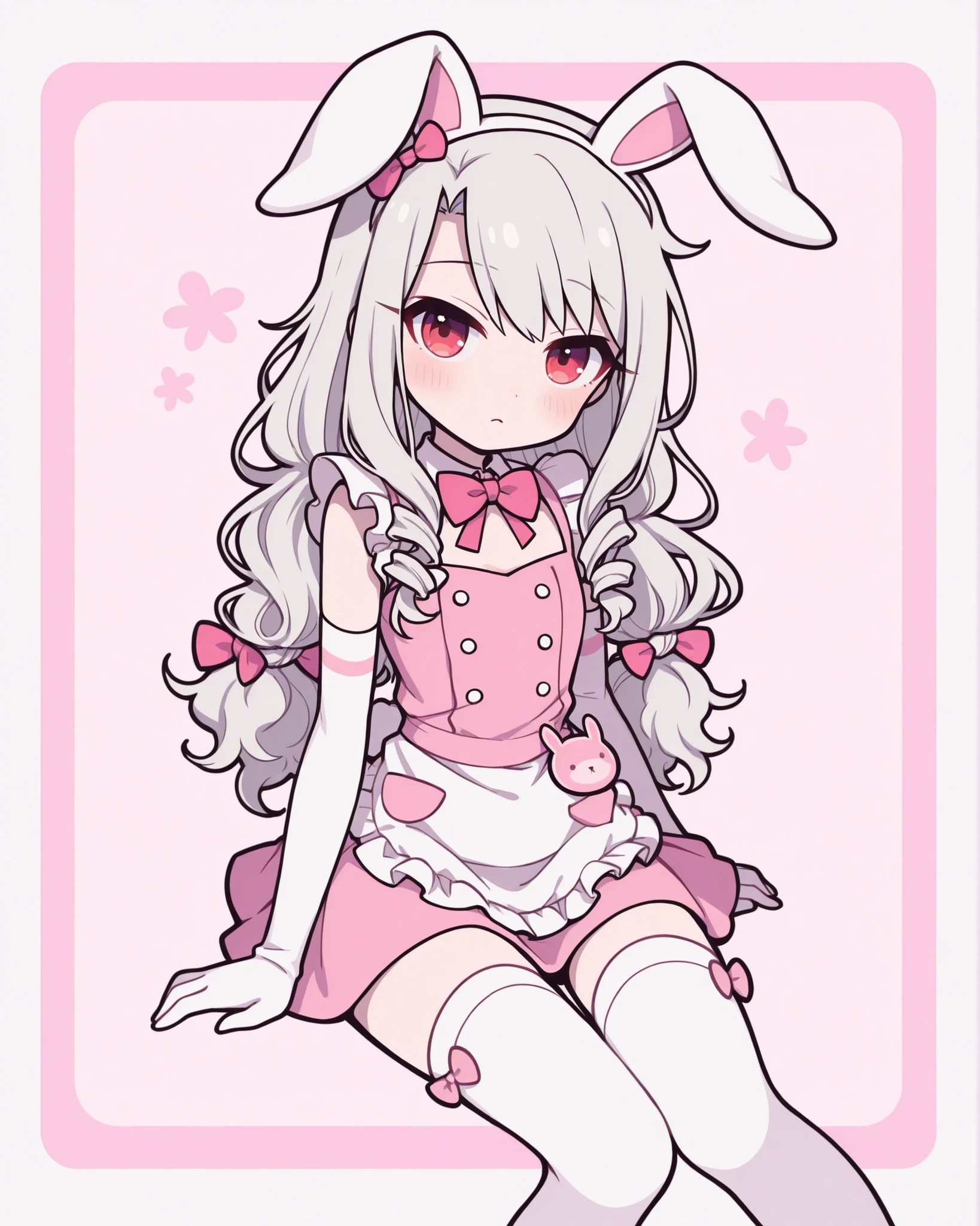 Anime girl inspired by Illyasviel von Einzbern wearing a cute bunny café uniform, stylized in soft shojo anime illustration, pastel pink and white short dress with ribbons and frills, bunny ears headband, long silver hair tied in soft curls, white gloves and thigh-high socks with bows, sitting or standing, background is solid pastel or white, very cute and innocent expression