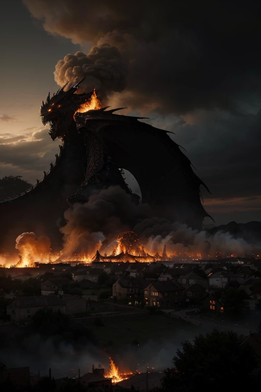  huge dragon flying ,burning village, vikings running, smoke, fire, dark sky, destruction , Ragnarok, realistic, cinematic 
