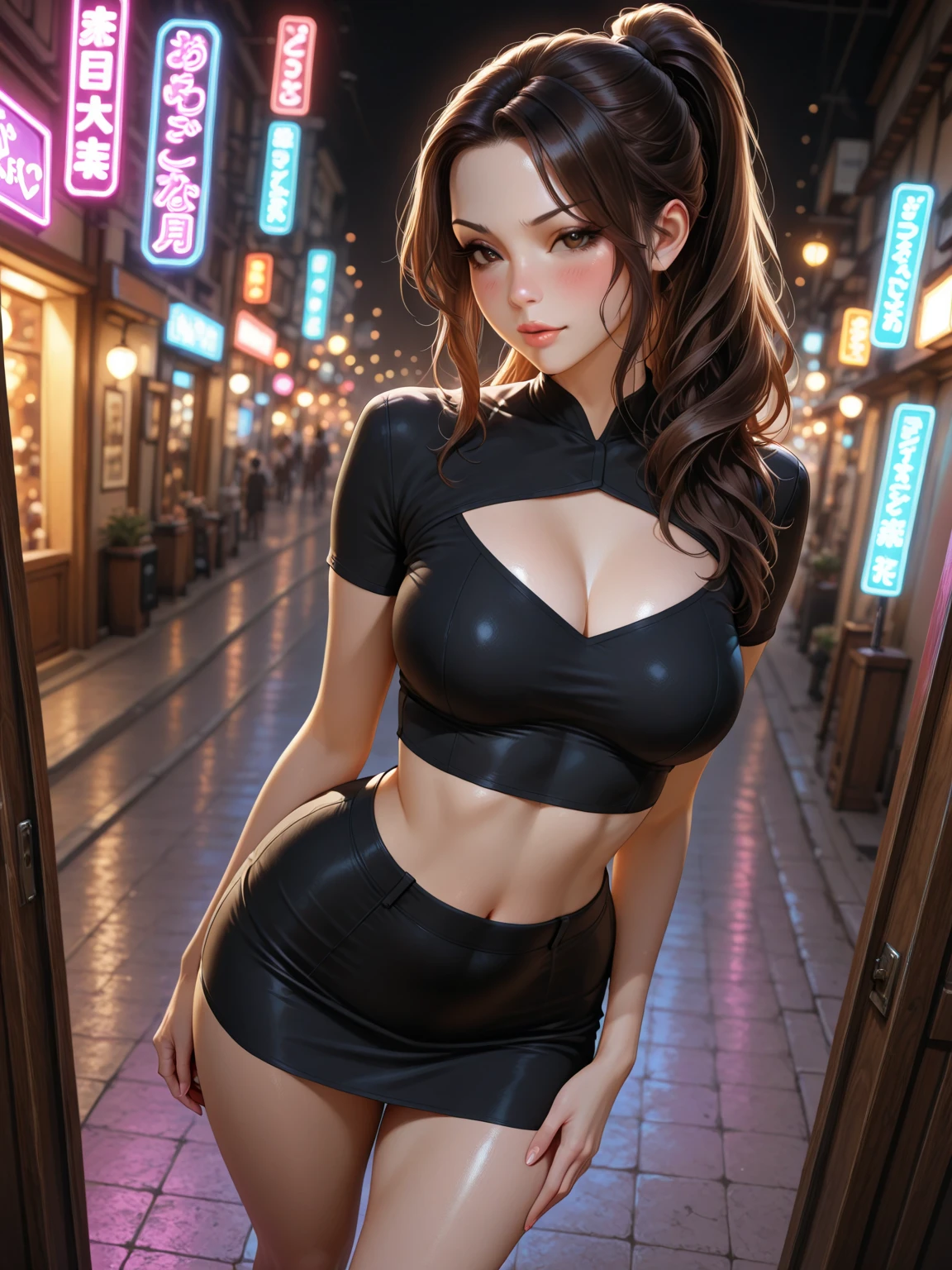 masterpiece, best quality, shadows, perfect hands, perfect legs, perfect anatomy, pretty face, mature features, 1 girl, 21 years old, MILF, mature woman, tight crop top, sexy leather skirt, city night background, black long hair, thighs, ass, breast, seductive, spicy, posing, cinematography lights,