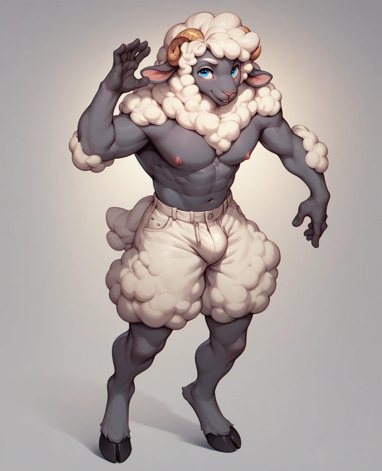 Solo, Furry, Anthro, Sheep, Male, E621, Standing, Hands behind back, Wearing underwear, Simple background, Front view, by chelodoy