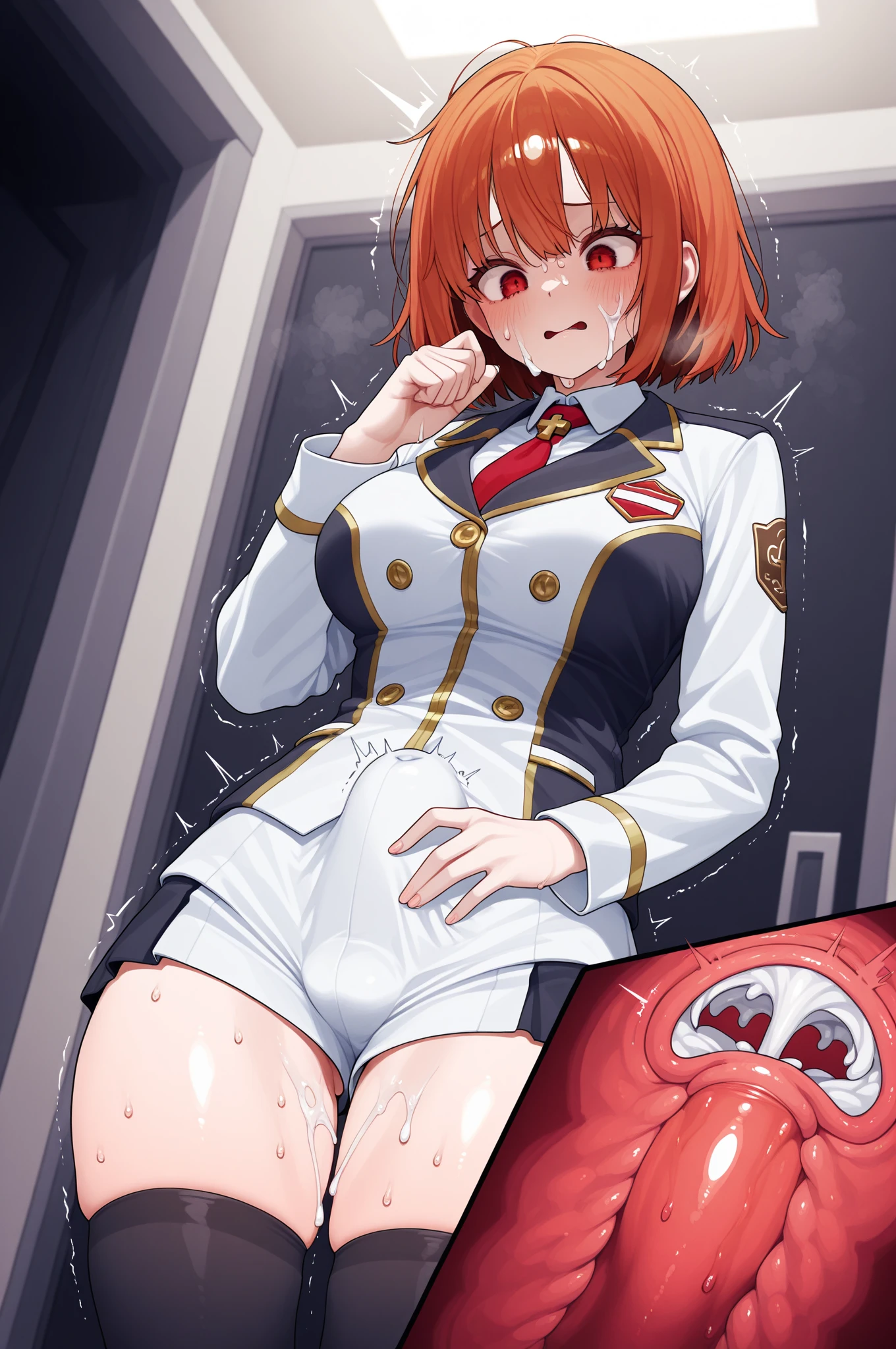 (((Humiliation scene:1.8))), nsfw, cowgirl position sex, nude, uncensored, BREAK Kallen Kozuki, red hair, short hair, red eyes, spread legs, looking to the viewer, covered in samen, saliva, clenched teeth, anger vein, angry, blush, sweaty, BREAK Glossy latex Pink tights,Bottomless,pink high-heels, Glossy latex Pink long opera gloves, womb tattoo, BREAK on bed, source_anime, masterpiece BREAK show pussy to viewer, pussy is being penetrated penis, pussy is very wet, beastly moan from sex, woman feels good and cums, X-ray, cream pie, arm is covered by pink glove, Pussy is filled with samen