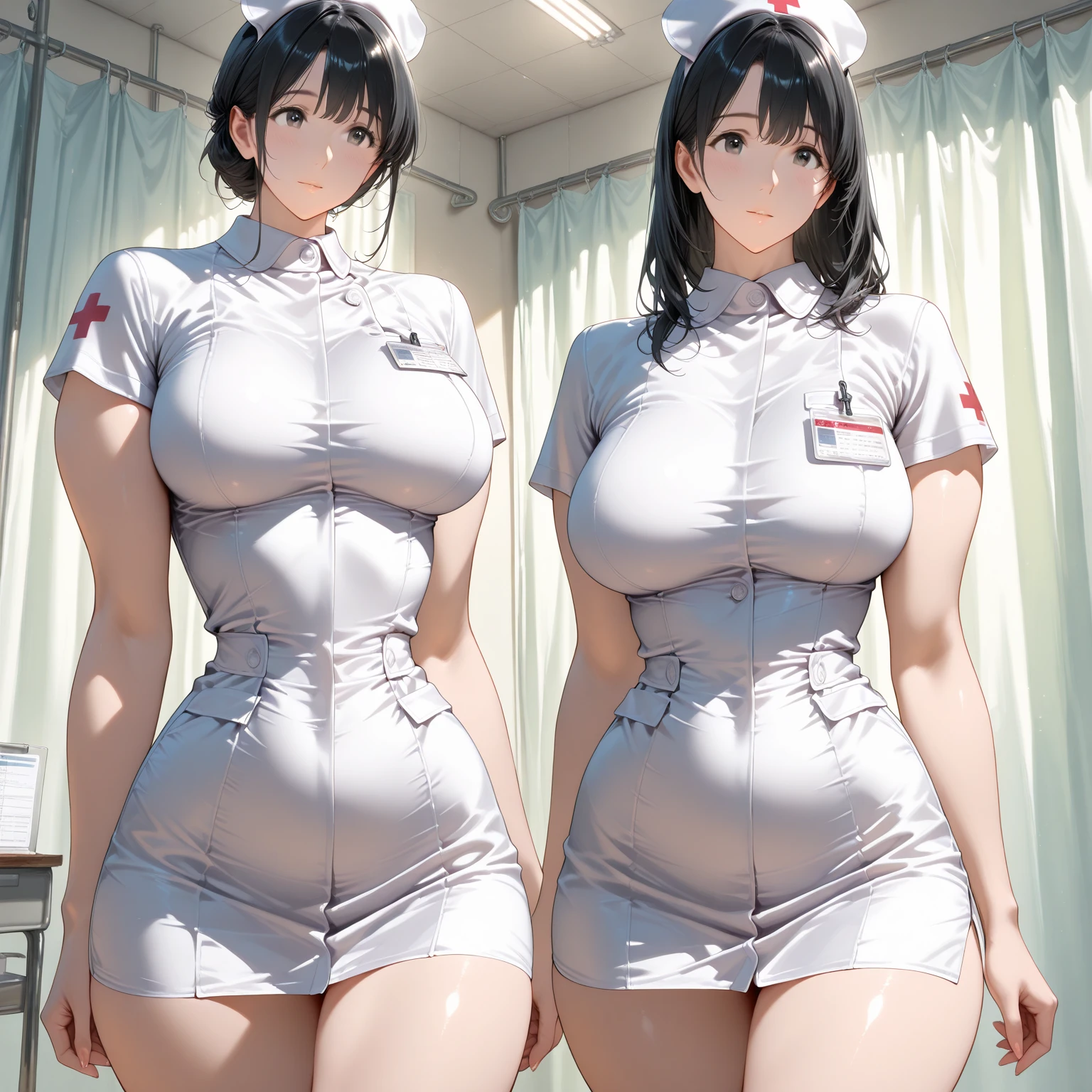 （8K ，Hyper-detailing，Ultra photo realsisim，Best Masterpiece，naturey，Perfect artwork，Perfect female body），Two cute busty girls ，（large tities），Little nurse at the hospital，Stylish hairstyle，Elegant and sexy nurse lady，Busy taking care of naked patients，Put on a sexy vacuum nurse uniform，Built-in thong panties，Large cleavage，，Stretch meat，Raised sexy，The kinky is exposed ，tit，full body shot of
