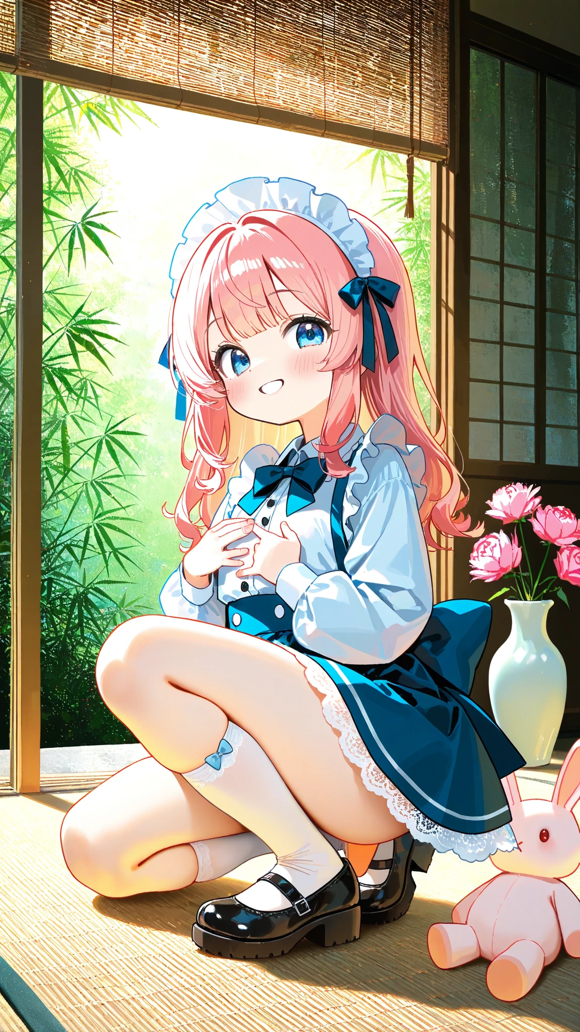 score_9, score_8_up , score_7_up , score_9,Score_9, Score_8_up , Score_7_up ,maid kneeling on one knee, white cotton puffy-sleeve blouse, blue-white striped A-line mini skirt (hem lace trim), blue-white maid headdress (bow+headband), left hand touching , sweet smile direct gaze, white knee-high socks, black Mary Jane shoes, Japanese bamboo screen backdrop (vertical weaves), frosted vase with pink peonies on right, beige plush rabbit toy lower left, soft diffused lighting, pastel blue-white palette, kawaii aesthetic




