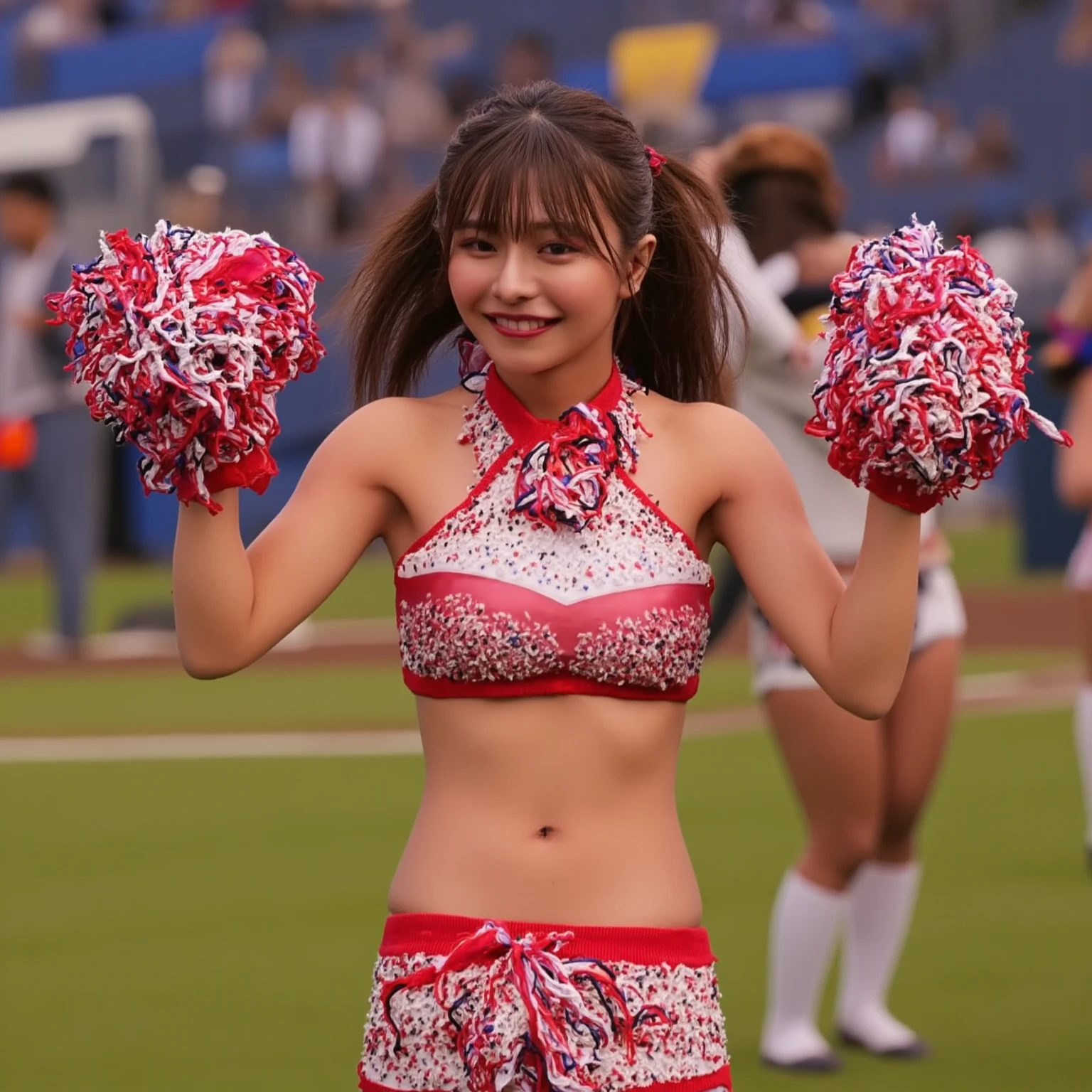 Two Ala-Fed Asian cheerleaders posing dynamically with pom-poms in stadium、write、a closeup、cosplay foto、Anime Cosplay、Short-cut hair、cute little、Raw photography, top-quality, hight resolution, (masterpiece), (Photorealsitic:1.4), professional photograpy, foco nítido, nffsw, 8K分辨率, intricate detailes, depth of fields, the Extremely Detailed CG Unity 8K Wallpapers, femele, girl with, beautiful supermodel, A smile、A slender、Small Cheer Uniform、amarelo、Colossal tits:1.2
