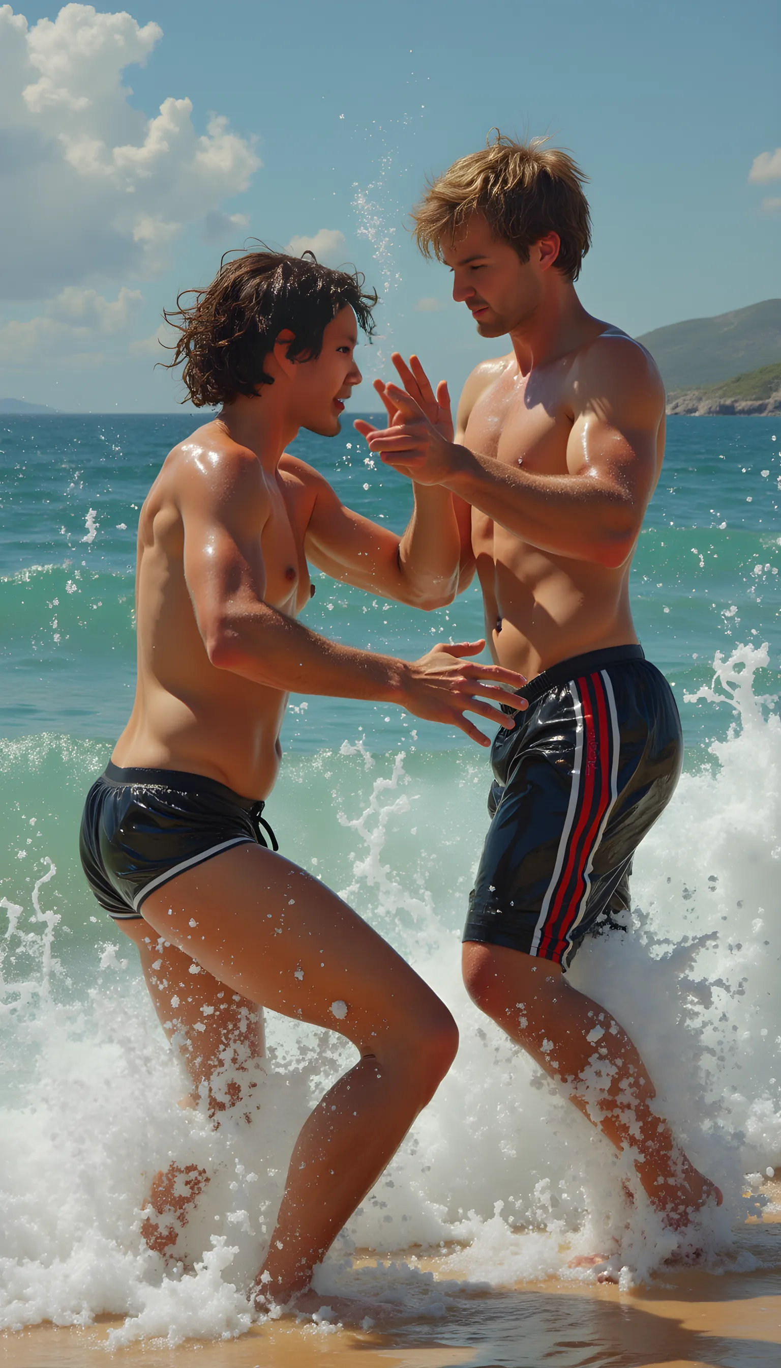 Young muscular white man in tight underwear bulg fights against muscular black man in the water in the background castle in the rain 