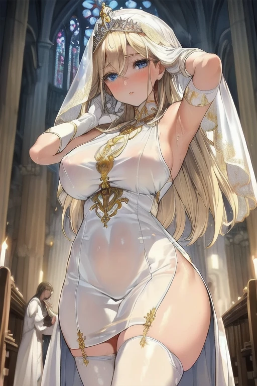 ultra-detailed,highest quality,masterpiece,ultra-detailed,High resolution,extremely detailed CG,Perfect Anatomy,detailed,Cinema Lighting,beautiful detailed eyes,超High resolution,(One girl:1.3)Glowing Skin,Oilskin,Sweat,Humidity,trembling,Strong light comes in,Spot lighting,bright,Dressed,(White underwear:1.6),throw,(mischief :1.3),(Last:1.25),(Vulgarity:1.25),(Skirt flip:1.3),Love Juice String,(Wedding dress:1.9),(Inside the church:1.5),From below,(Contempt,Contempt:1.6)