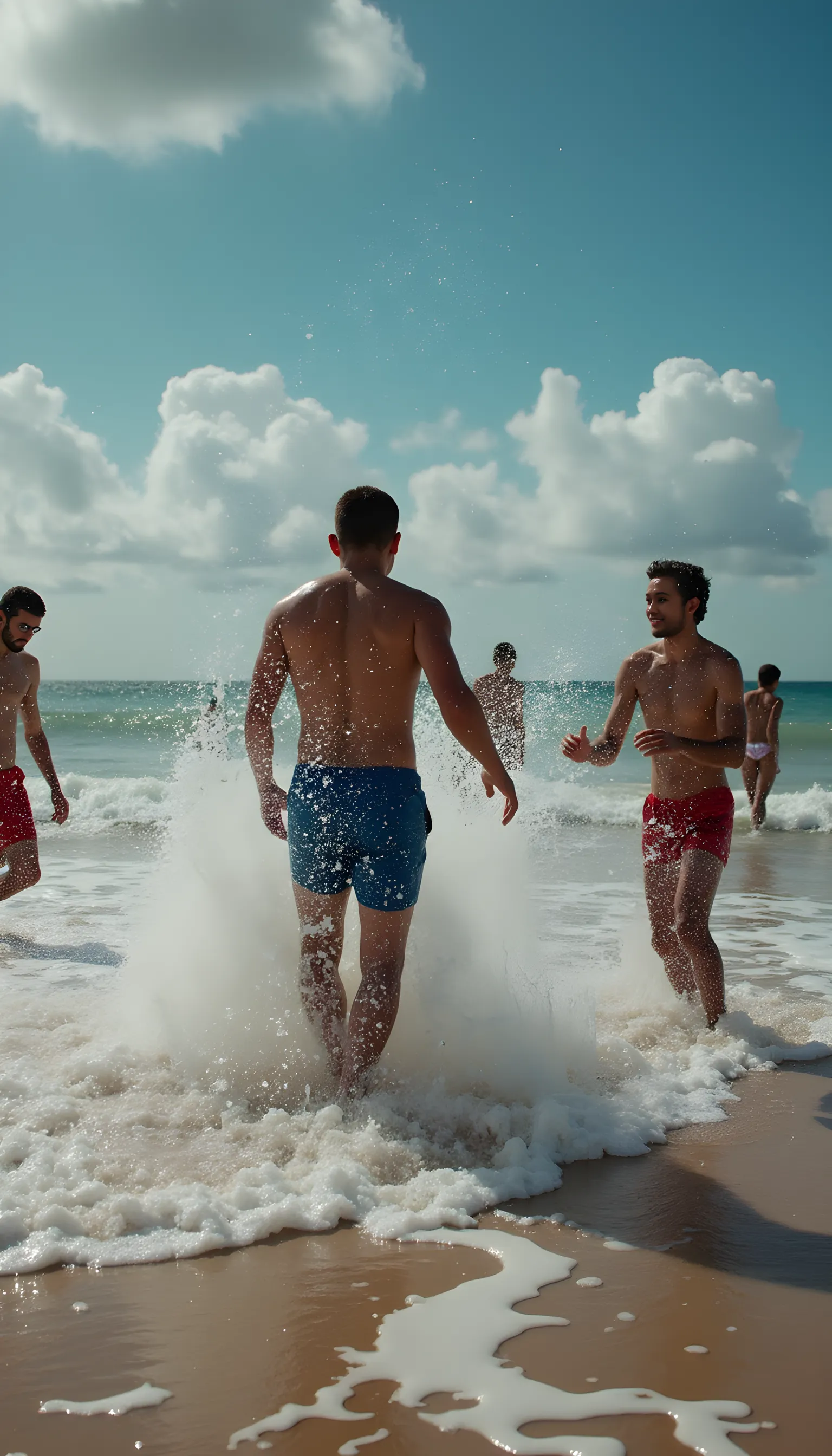 A handsome young man with a beautiful, thin, white face, fair and smooth skin, shirtless, wearing a pink swimsuit, short black hair, on a catwalk at a men's beach party, holding a beach ball in his hand, the audience applauding and celebrating with bubbles. A tall, thin, white, shirtless man.
