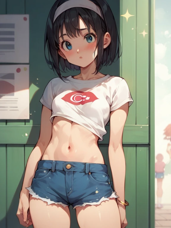 super fine illustration, vibrant colors, masterpiece, sharp focus, best quality, depth of field, cinematic lighting, ultra detailed, short sleeves, t shirt, shorts, belly button, midriff, wide hips, 1 woman, home, solo, milf, medium hair, slender, blush, angry, casual, mature female, tall body, looking down
