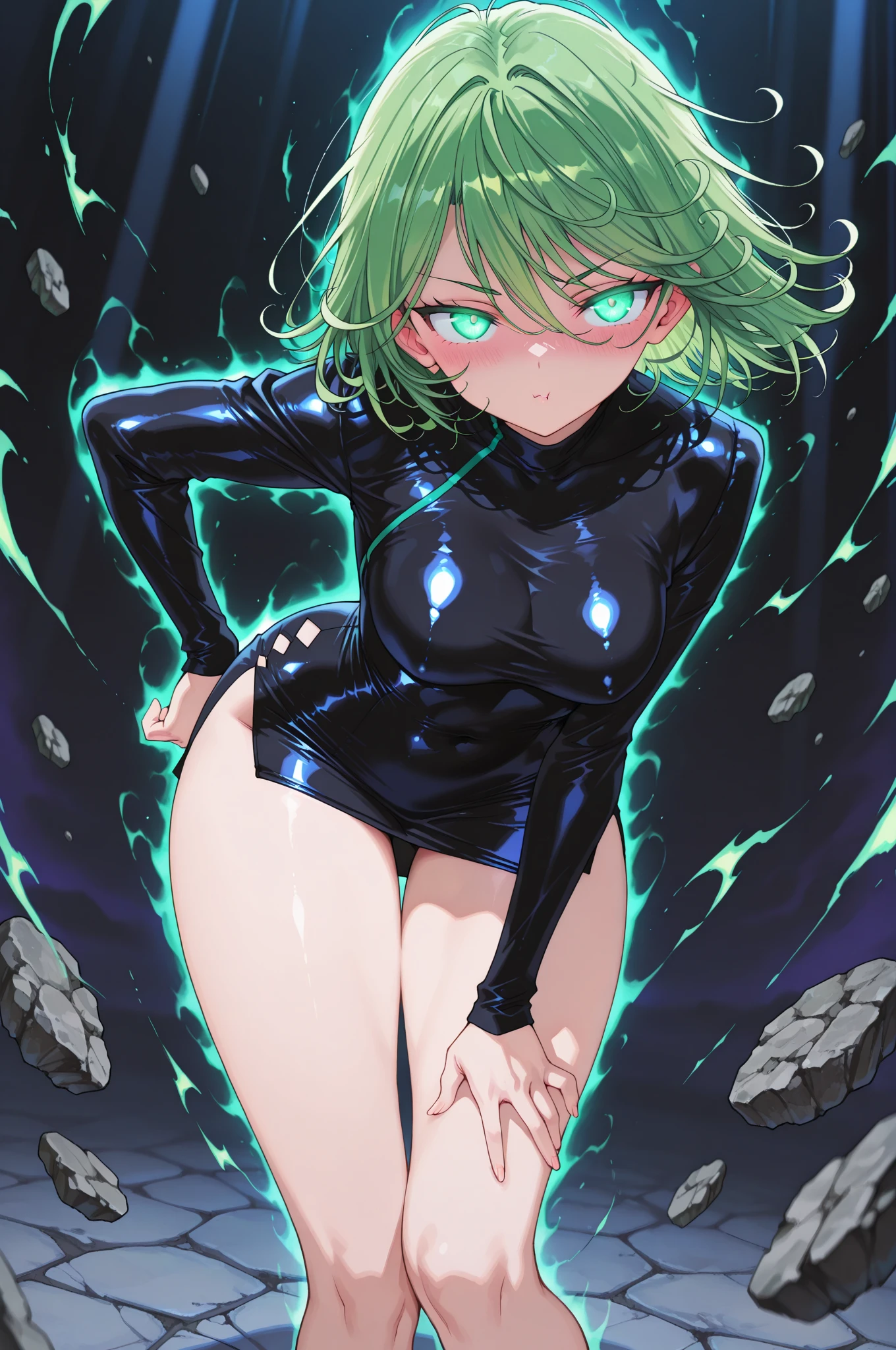 <lora:MintSlimeSkin-18:1.1>, <lora:kionantArtistStyle_v10:0.8>, mintslimeskin , luminescent translucent body ,
1girl, 
  tatsumaki,   green eyes, black dress, green aura,pelvic curtain,