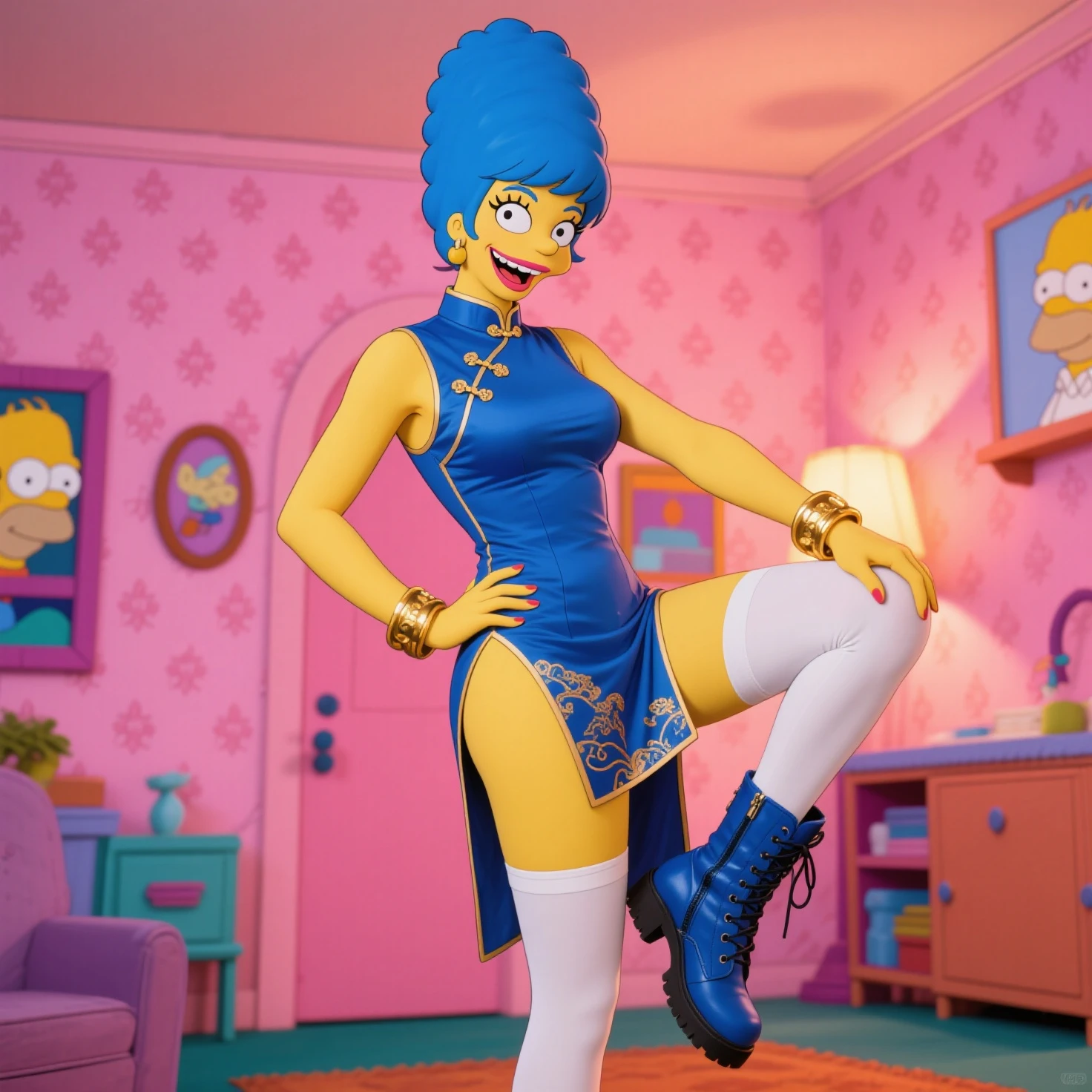 AGMM, 1girl, (Katy Perry, blue hair, Yellow_Skin, Colored_Skin:1.2), wearing wet see-through school uniform, large breasts, reveal, covered, skirt, thighhighs. inside building, classroom, sunbeams, bokeh, sparkles, evening, smile, sexy smile, --auto --s2