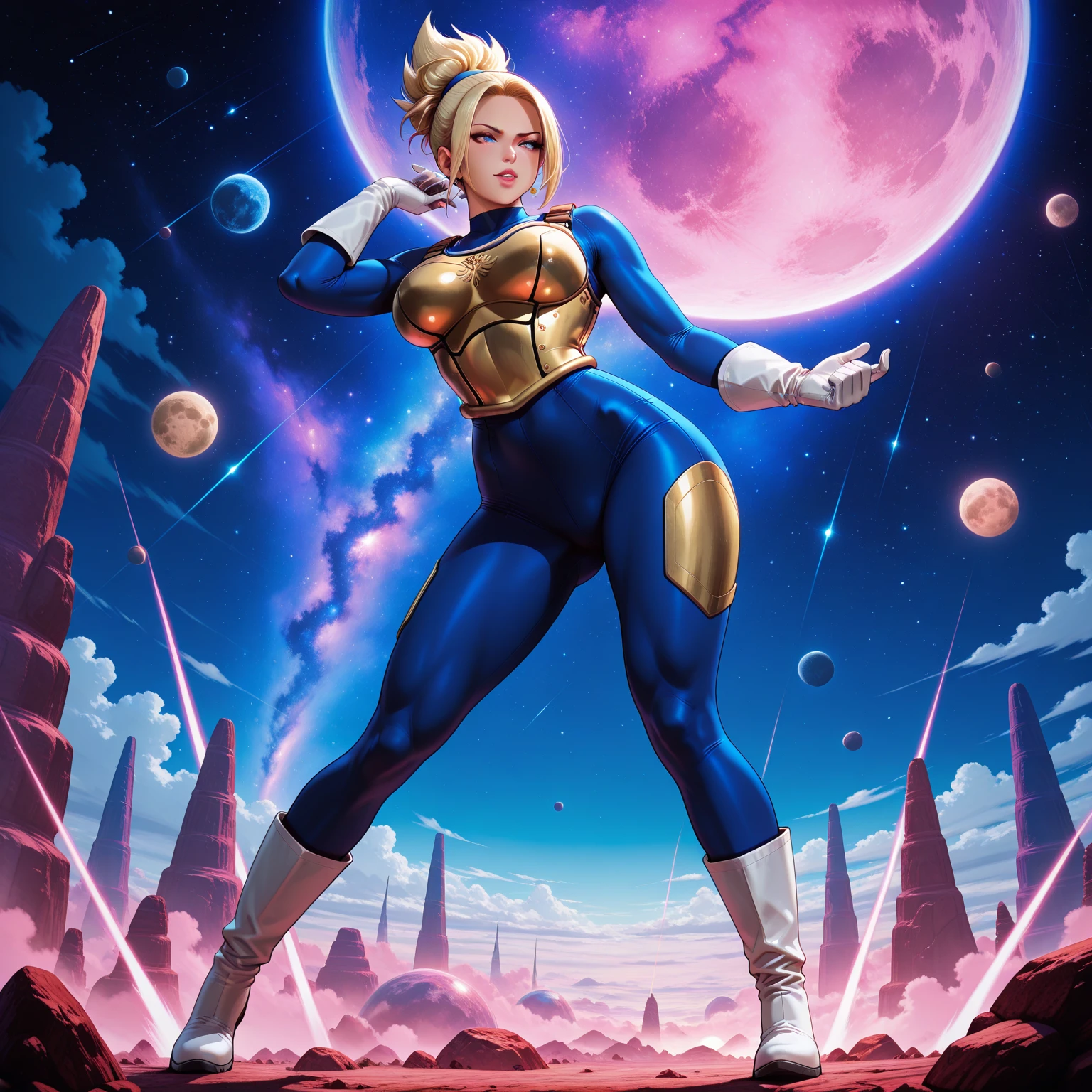 Prince Vegeta in sexy woman version, dragon ball Anime, semidesnuda, cuerpo muy delgado, skinny body, small and beautiful breasts, small and beautiful buttocks, abdomen tonificado, guerrera saiyajin, armadura azul, blanco y dorado, guantes blancos, brazaletes dorados, botas blancas asornadas, classic ancient sexy saiyan armor, provocativa, perversa, obsena, cabello radiante, en el fondo se observan planetas destruidos, espacio, poderosa, light particles, light energy, Energy ball, energy aura, intricate details, vibrant colors, dramatic lighting, cinematic composition, photorealistic, award winning illustration, masterpiece