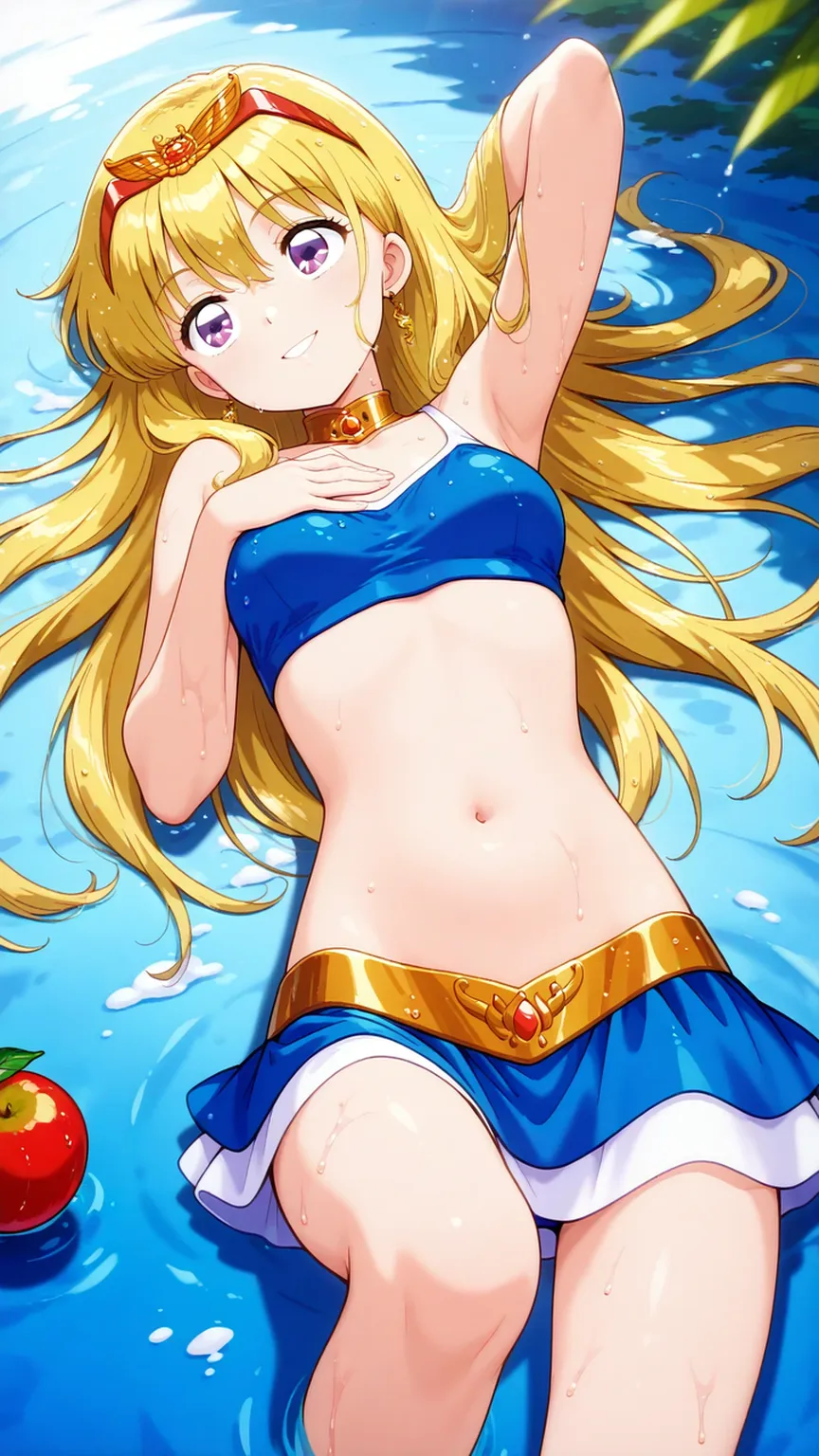 masterpiece，8k，Fairy tale style，Rose Princess，sleeping Beauty，A woman with medium ，(Gorgeous woman)，ahegao，Long blond hair，Protruding lower chest，Showing belly，(Slender thighs)，Lying in the sea，Soaking in sea water up to the belly，Wet clothes，Flowing fabric，