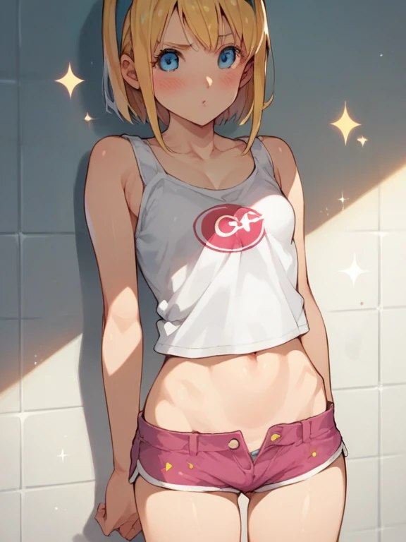 nsfw,(Petite),(A cute boy),blonde low twintails,lips,(Camisole chest voyeur),Sweat,White Breath,Audience peering from above,Standing posture,Groin bulge
