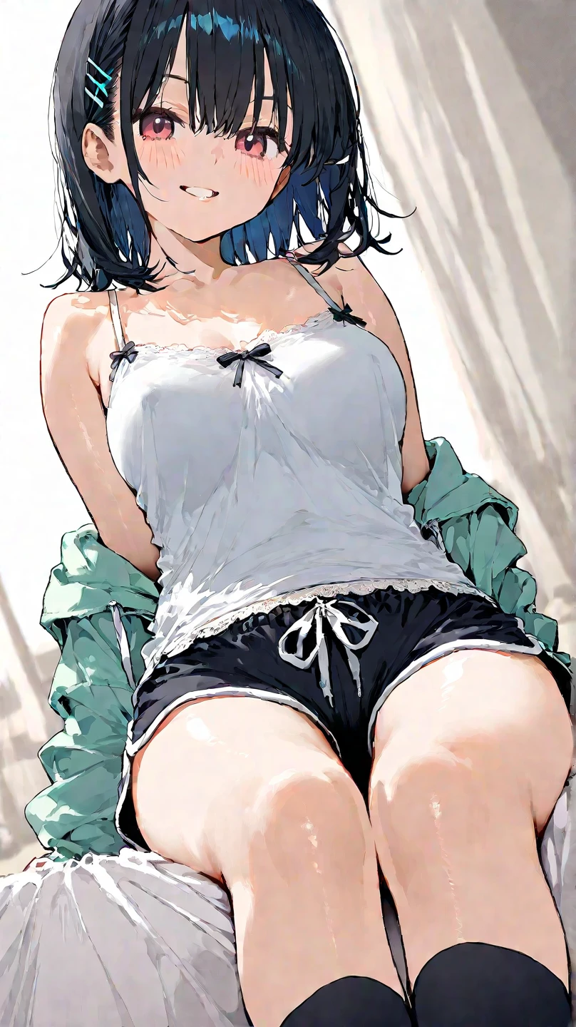 masterpiece, highres, solo, 8k, detailed, perfect face, (ultra high quality), looking viewers, big breast, navel, stomach, belly, denim short, mini short, crop tanktop, armpit, sideboobs