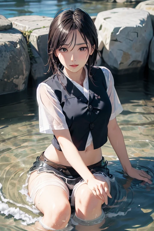 Teenage Girl, pale, Black JK Black stockings, Black leather thigh high boots high heels platform, do the splits，Splits，In the mud，Mud is coming out of my boots，Behind are piles of discarded boots