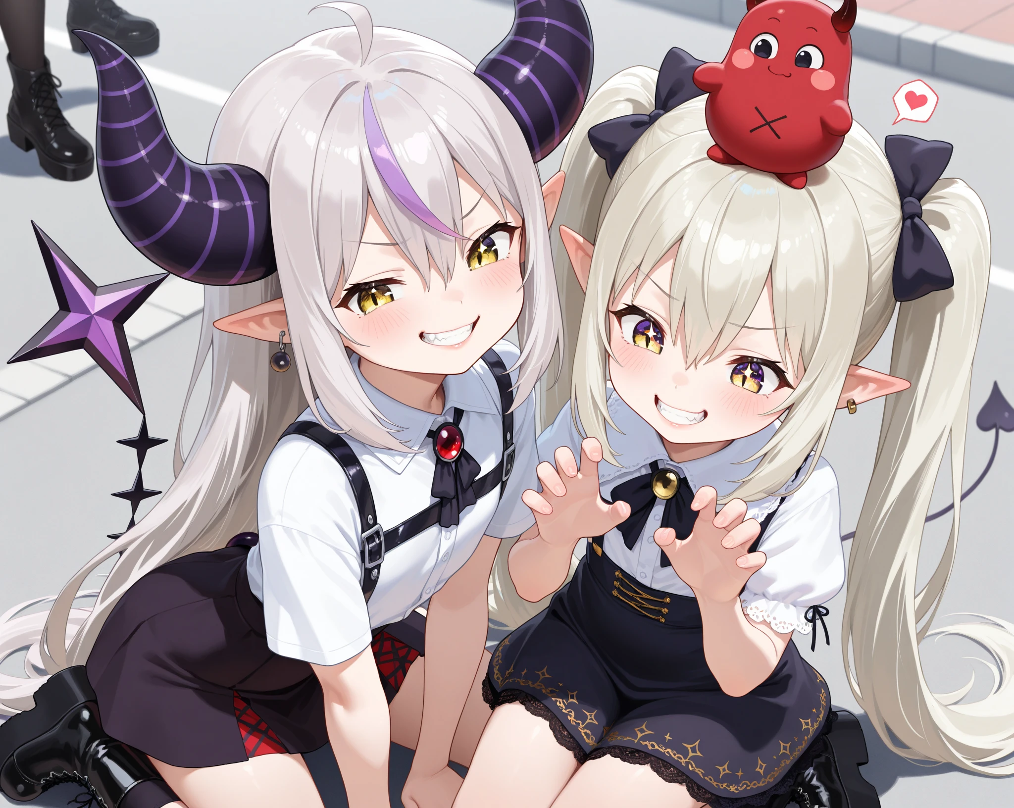Succubus(twins)　pose of temptation　erotic body　　attractive face　　heart mark　cute smile　　　charm magic　sit on the bed and pose　　big boobs　sweets room background　pose holding hands　pose while sitting on the sofa　Student Uniforms