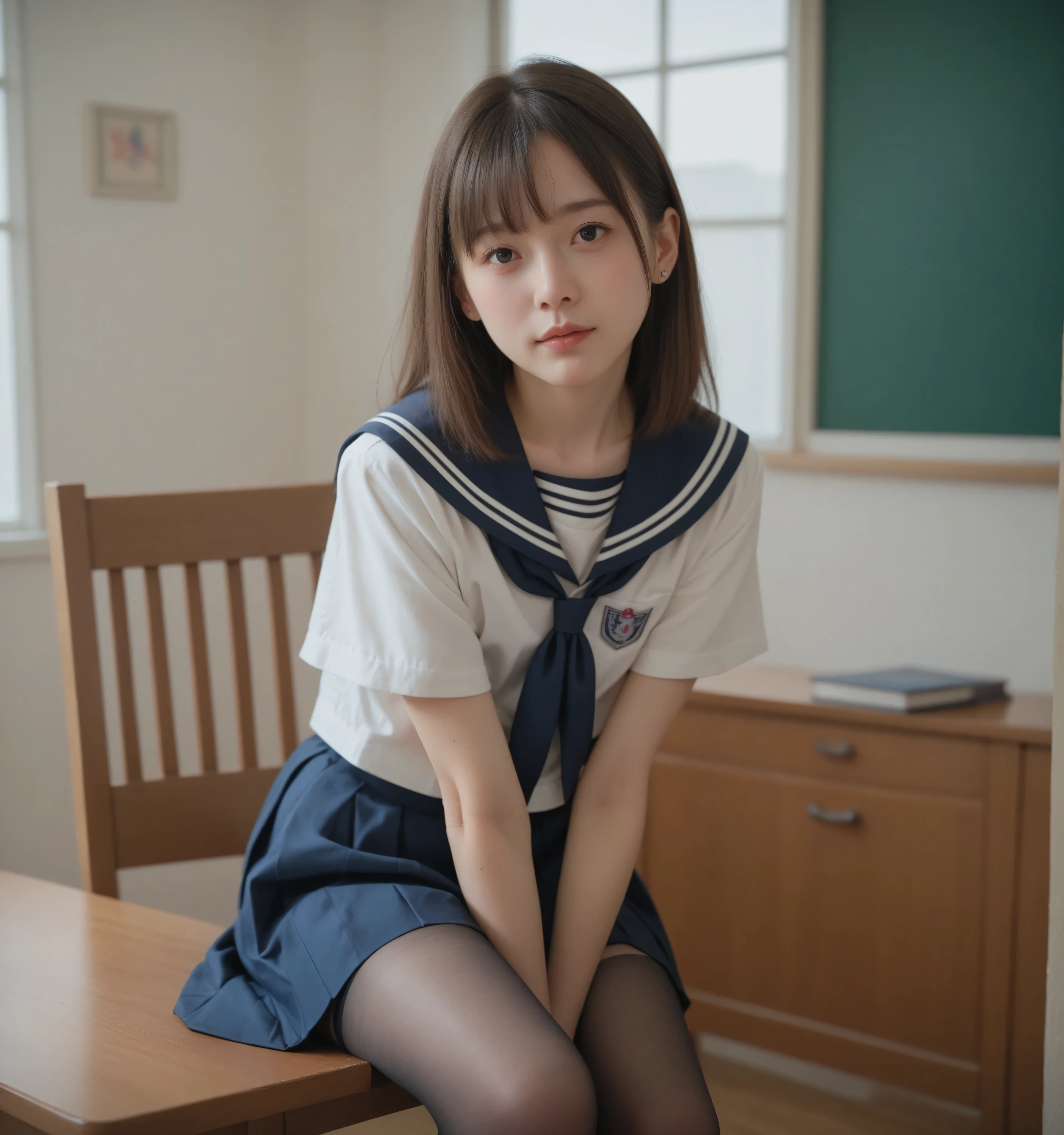 sailor suit , college student ,younger , cute girl,masterpiece,4K,8k,16 kg, wearing black stockings