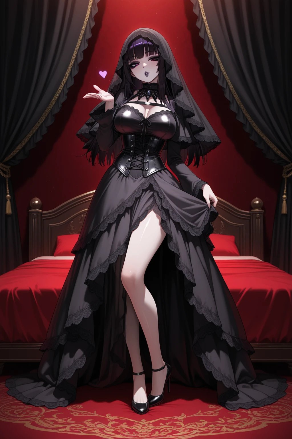 Highest quality、devil、Long Red Hair、Black Dress、Big Breasts、Lots of lace、Fluttering Skirt、red heels、Long skirt、The eyes are large、Lipstick is red、from the front、Draw the face clearly