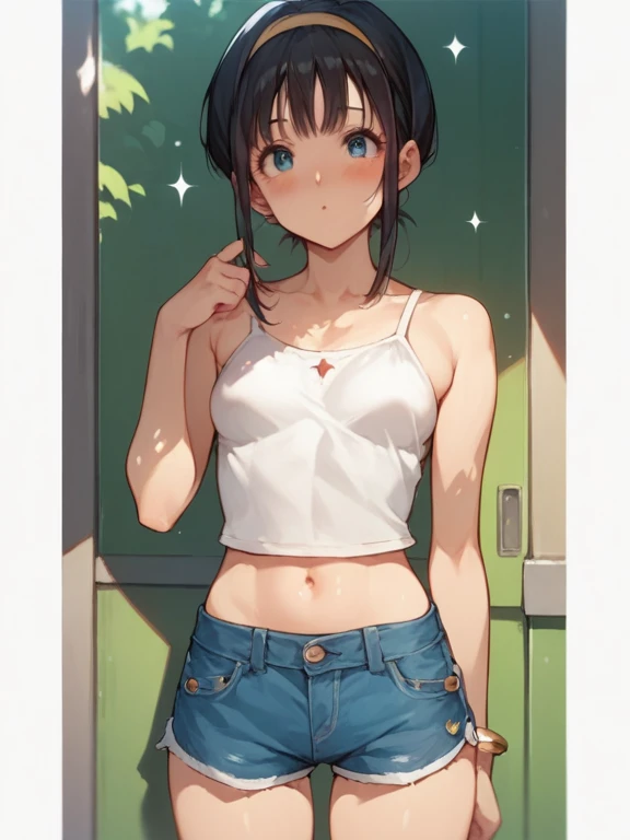 (8K、Best image quality、Highest quality、masterpiece)、Detailed face、((two :2))、Brown Hair、short hair、Brown eyes、smile、((Grin))、Earrings、((Small breasts))、((Pink camisole))、((Denim shorts))、Cowboy Shooting、Black Hair、Double Tail、Bright Blue Eyes、smile、((Grin))、Earrings、((Small breasts))、((White camisole))、((Denim shorts))、Cowboy Shooting((Back Alley Background))、((National Science Foundation))Liquid in the ass、Water retention in the thighs、Flowing liquid(Attractive ass:1.2),、Expose、Disarray、Close-fitting clothes,Exposeした胸、(((Wet clothes))),Tube top,(((Ultra-thin clothing))),(Body Model),((Body Outline)),(stride),Grin, blush,activity performance,Rubbing hands on crotch,Raised vulva contour,saliva,