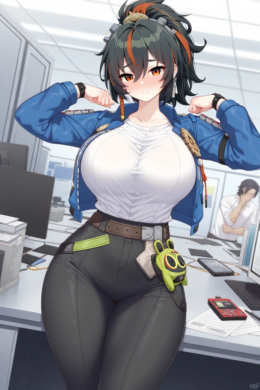 Female scientist, black hair, semi-curly hair, medium hair, glasses, orange eyes, short, medium sized breast, exposed belly, embarrassed, blushing, redish orange coat, in lab, vore, big belly, round belly, black leggings, burping, burp, gassy,