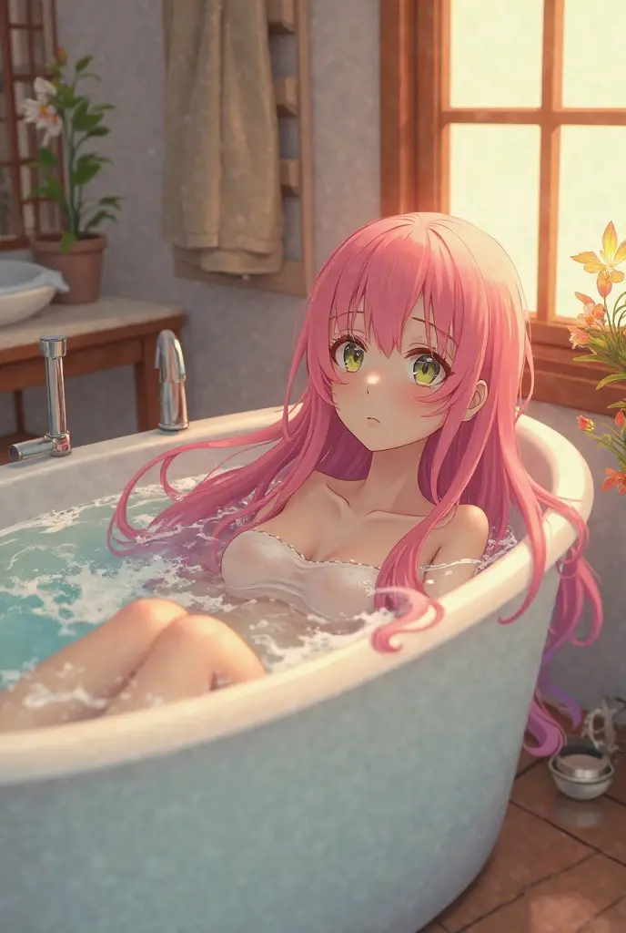 anime,girl focus,close up,girl,nude,bathing,cleavage,clear water,moody lighting,pink illumination, LHbathroom, bathtub, indoors, bathroom, tiles, tile wall,sink,ultra-detailed,masterpiece,best quality <lora:LOVEHOTEL_Bathroom_SDXL_V1:0.8>