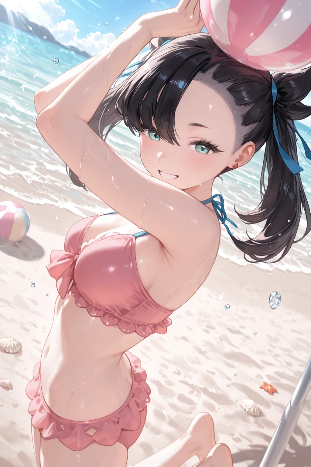Beachでビキニとライフリングを身に着けた女性 (masterpiece, Highest quality, Highest quality, Official Art, beautifully、aesthetic:1.2), (One girl, cute, Short body:1.3), Very detailed, colorful, Most detailed ((Super detailed)), (Highly detailed CG illustrations), ((Very delicate and beautiful)),(8K Photo Quality, 究極のShine肌, Detailed skin, Ultimate detailed face),Outdoor, Beach, Ocean, Black Hair, Super long twin tails, Are standing, blue eyes, Tight waist, Small breasts, Ribbon choker,((Particles of light, Lens flare, Depth of written boundary, Shine, Bokeh, 斑点模様のDay光, Day), Front tie bikini top, Checkered swimsuit, Side tie bikini bottom, smile),break, (Has a pink inner tube:1.2), Focus Only, View your viewers,