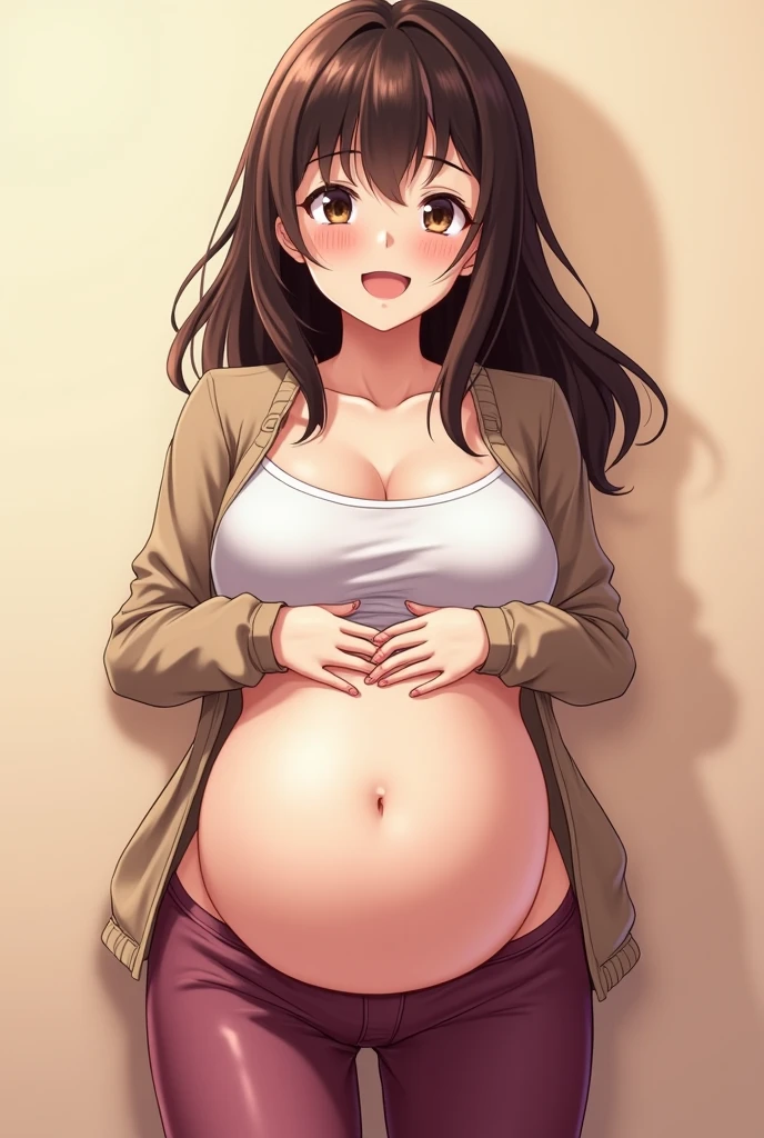 Anime girl with big belly in a suit,Huge Breasts