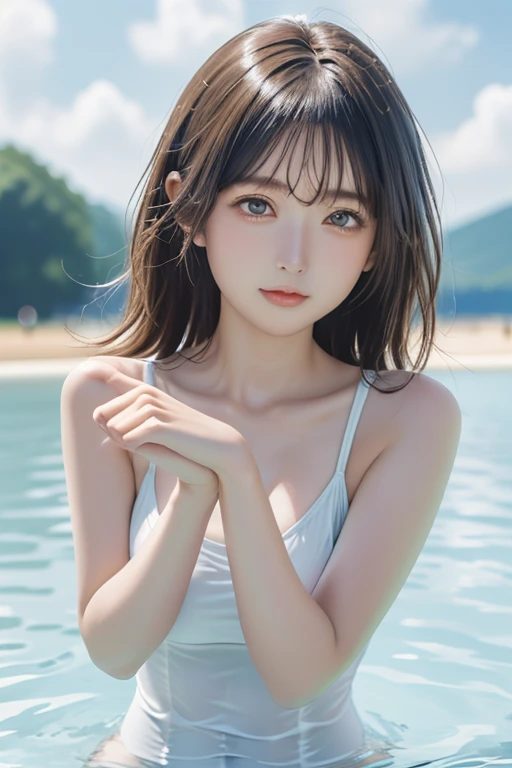 (8K), (Best Quality: 1.2), (Realistic), (Photorealistic: 1.37), Ultra High Definition, 1 Girl, Closed Mouth, Beautiful Details, Beautiful Nose in Detail, Best Image Quality, Outstanding Detail, Ultra High Resolution, Prefer Detail, Highly Condensed 1girl, Delicate and Beautiful Face, Long Hair, Tousled Hair, Japan Hot Spring, Take out of the water, Wrap your whole body tightly with a bath towel, big, blush, cleavage