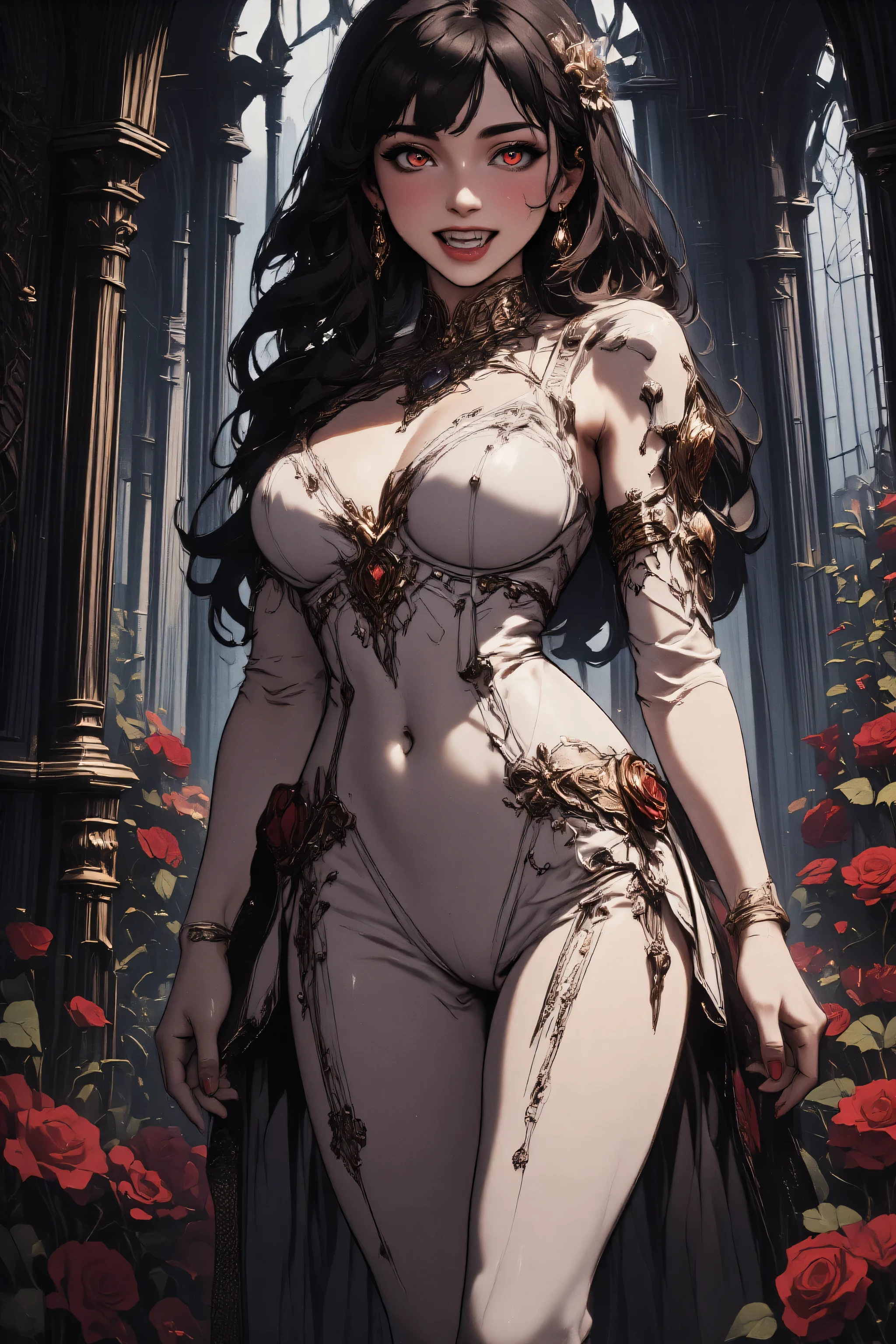 Dracula,03hyp3rd3tail style,w1n,zavy-ctcmcs,a picture of a female vampire (intense details, Masterpiece, best quality), elegant, glam, fantasy white leather dress, with rose patterns, high heels boots dynamic clothing, an ultra wide shot, full body (intense details, Masterpiece, best quality)epic beautiful female vampire (intense details, Masterpiece, best quality), pale skin, fangs, red glowing eyes, rich hair, flowing hair, action shot, fantasy dark castle (intense details, Masterpiece, best quality),  sense of daring, sense of awe, fear, gloom,  high details, best quality, 16k, [ultra detailed], masterpiece, best quality, (extremely detailed), dynamic angle, ultra wide shot, photorealistic, RAW, fantasy art, dnd art, fantasy art, realistic art, 