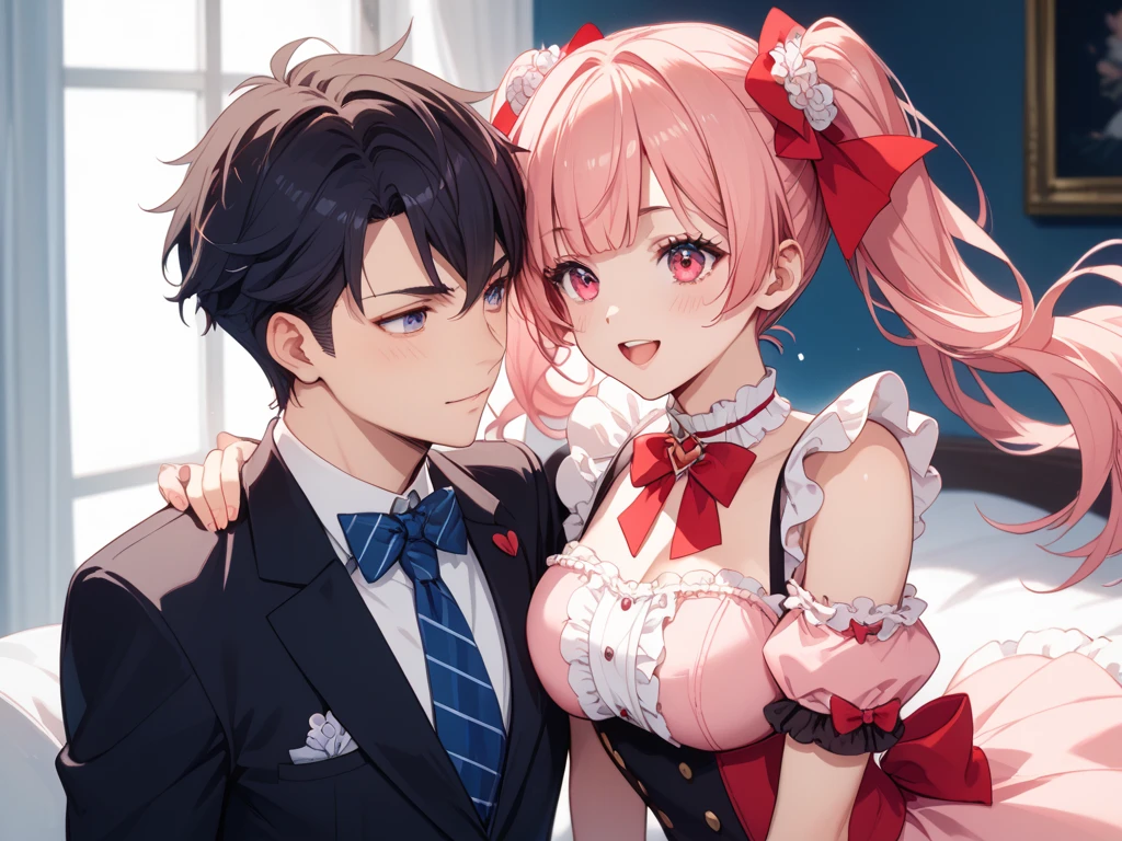 anime couple , 1 boy with dark hair and blue eyes , 1 girl with pink hair and pink eyes in a maid slave costume, The look of orgasm, Having sex , erotica, Ohegao, excitement