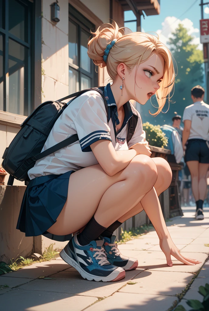 Bus stop，Heavy rainy days，a beauty girl，JK school uniform，Superskirt，Expose off your underwear，drenched all over the body，dual horsetail，Flushed complexion，Place your hands on your knees，Slender white legs，Pure，Raised sexy