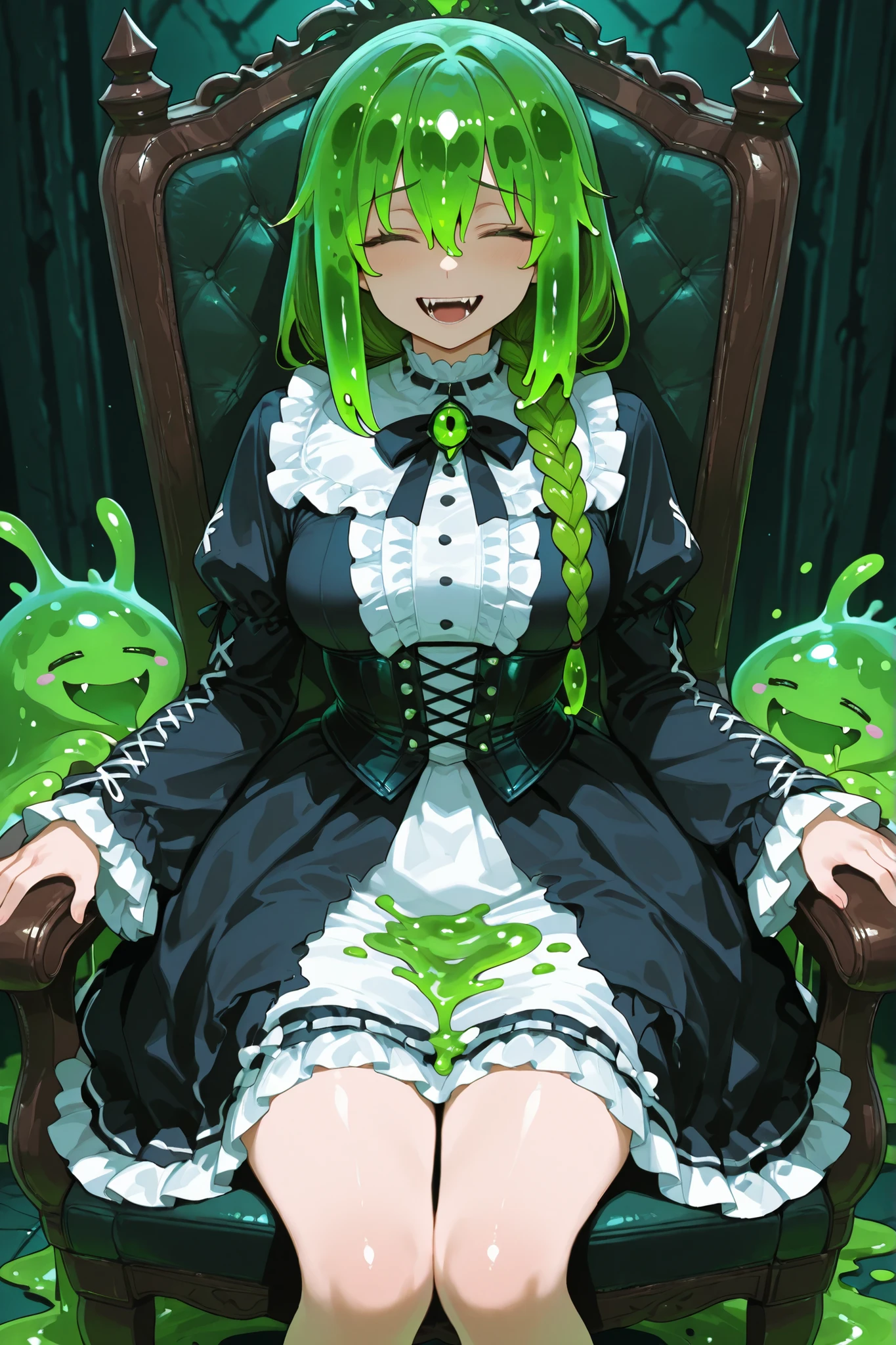 Gothic dress girl. Girl and slime monster. Green hair. Single braid. Laughing. Black clothes. White frills. Sitting on a chair. Monster peering from behind. Monster fangs. Dark green slime. Shoggoth. Melting clothes.