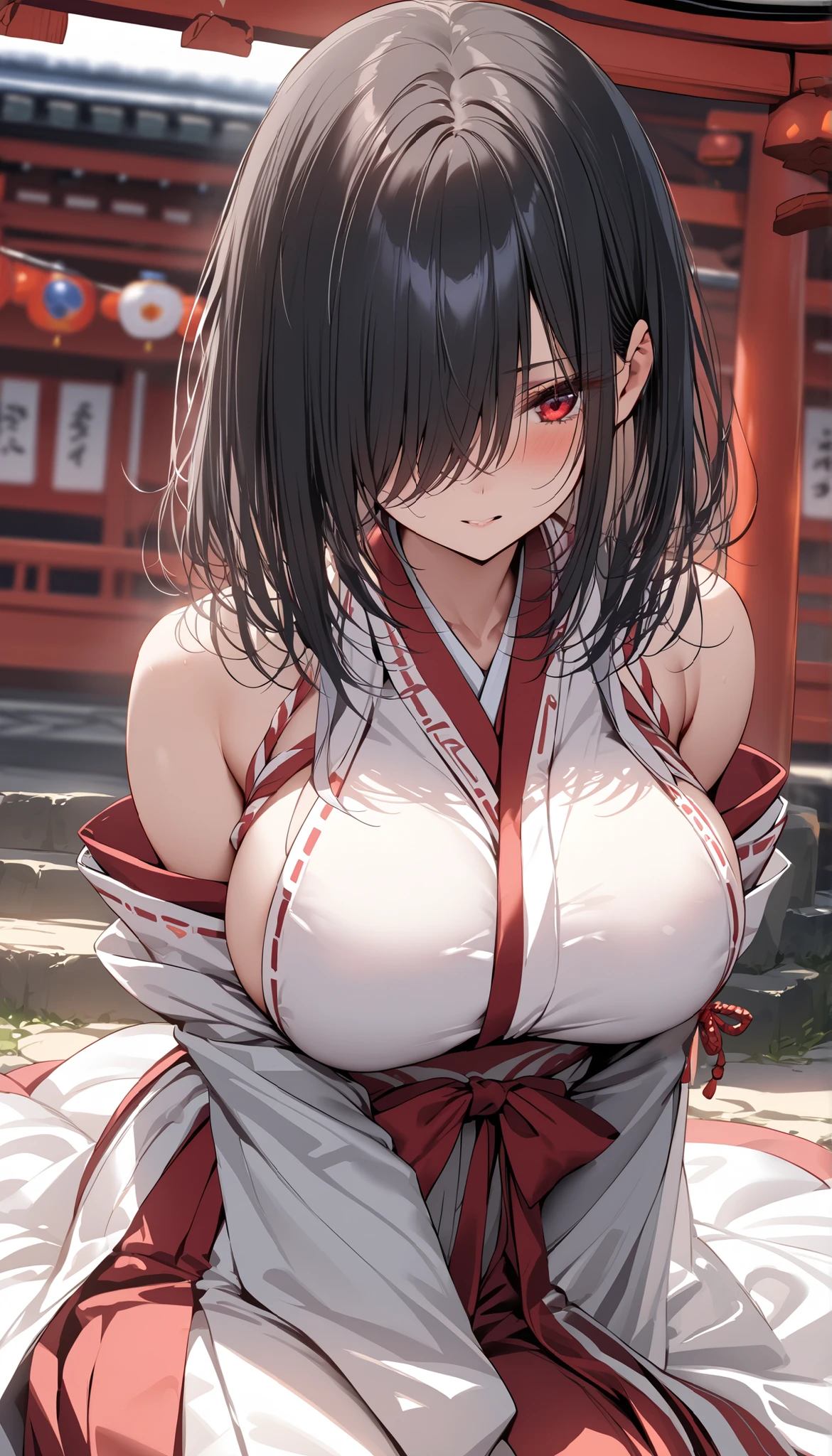 yamashiro_kantaicollectio,
black_hair, red_eyes, short_hair, hair_ornament, nontraditional_miko, breasts, blush, large_breasts,
(masterpiece:1.4),(best quality:1.4), (premium:1.4), (great illustration:1.4), (ultra-detailed:1.4),(art CG, 8K),1girl solo, KonishiCSA,(Buddha Statue:1.4),