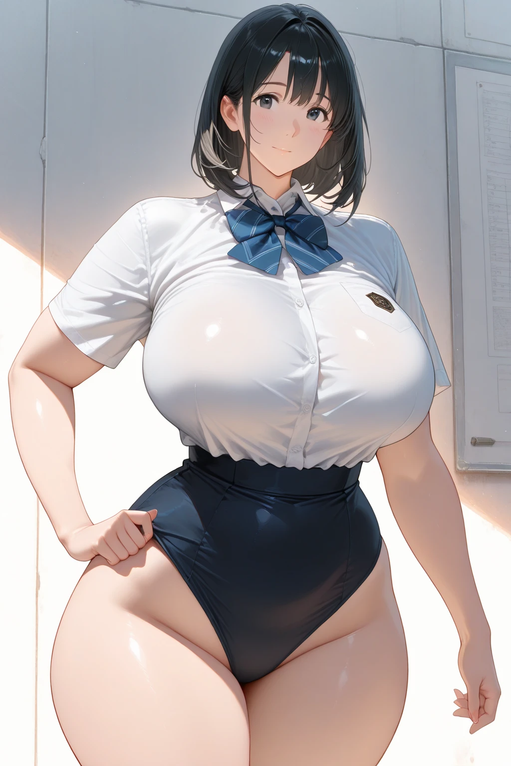 (Westshot:1.7),(1 girl:2.0),18 year old female, Beautiful super short hair:2.0,(Black boyish short hair:1.5),(ultimate beautiful girl:1.7),(Beautiful young Japanese woman:1.3),(beautiful big eyes:1.5),(glasses:1.5),gymnast,(big breasts:1.2),(The face is slightly turned to the right:2.0),(I'm worried:1.5),(embarrassing:1.5),(wrinkles under the armpits:1.8),(The whole body is shown:2.0),(show your legs:1.8),(outdoor:2.0),beautiful feet, I can see your knees,I can see your belly button,(The upper body is a white business shirt:2.0),(tie:1.5),(Blue tight bodysuit:1.8),(black stockings:1.6)